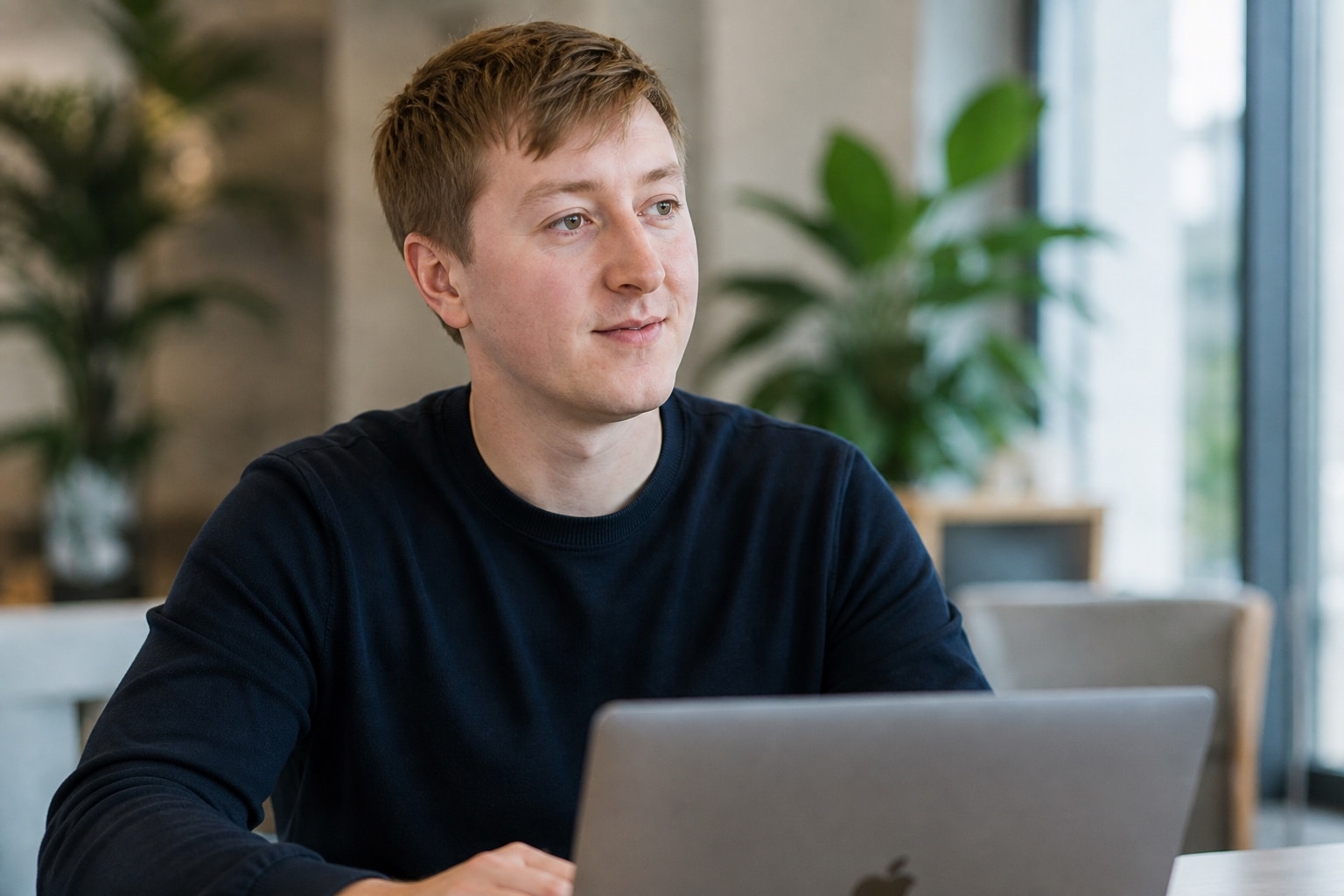 Moritz Zinecker sitzt in einem hellen Arbeitsumfeld an einem geöffneten Laptop