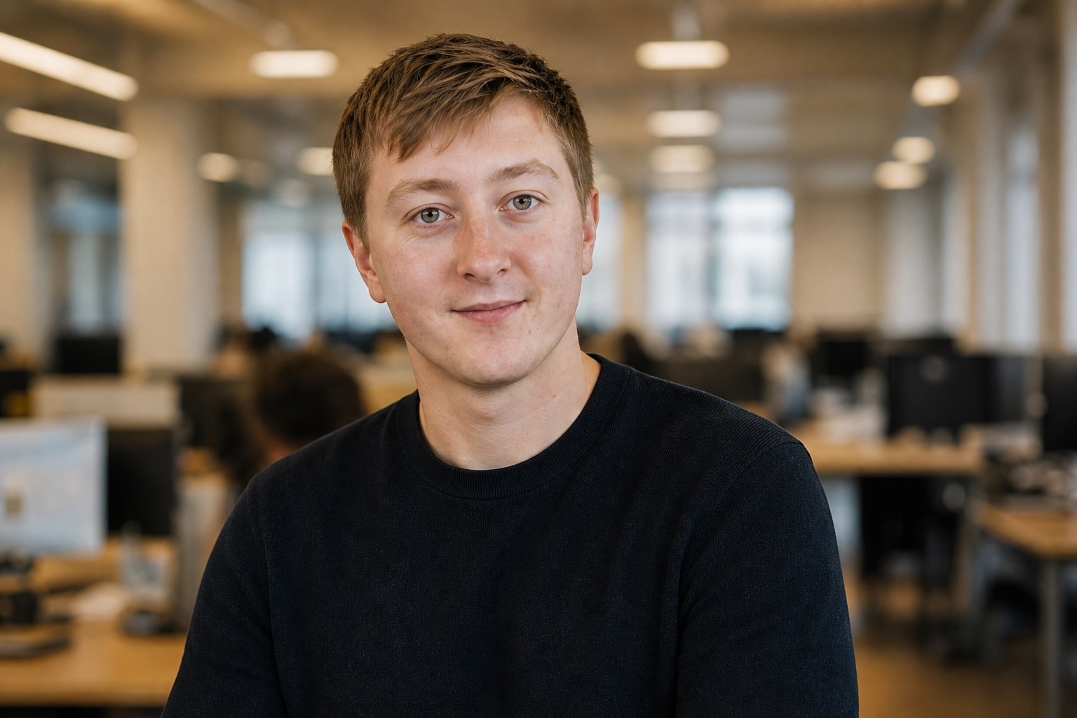 Moritz Zinecker in einem dunklen Pullover vor einem unscharfen offenen Büro