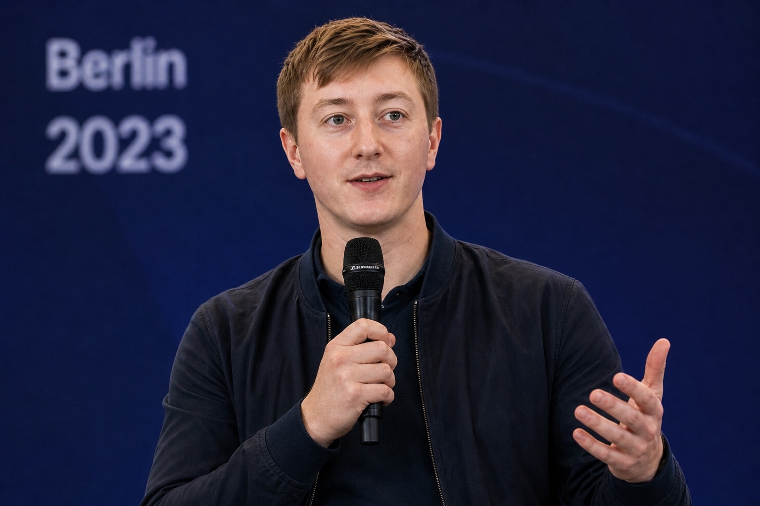 Moritz Zinecker spricht mit einem Handmikrofon vor blauem Bühnenbild