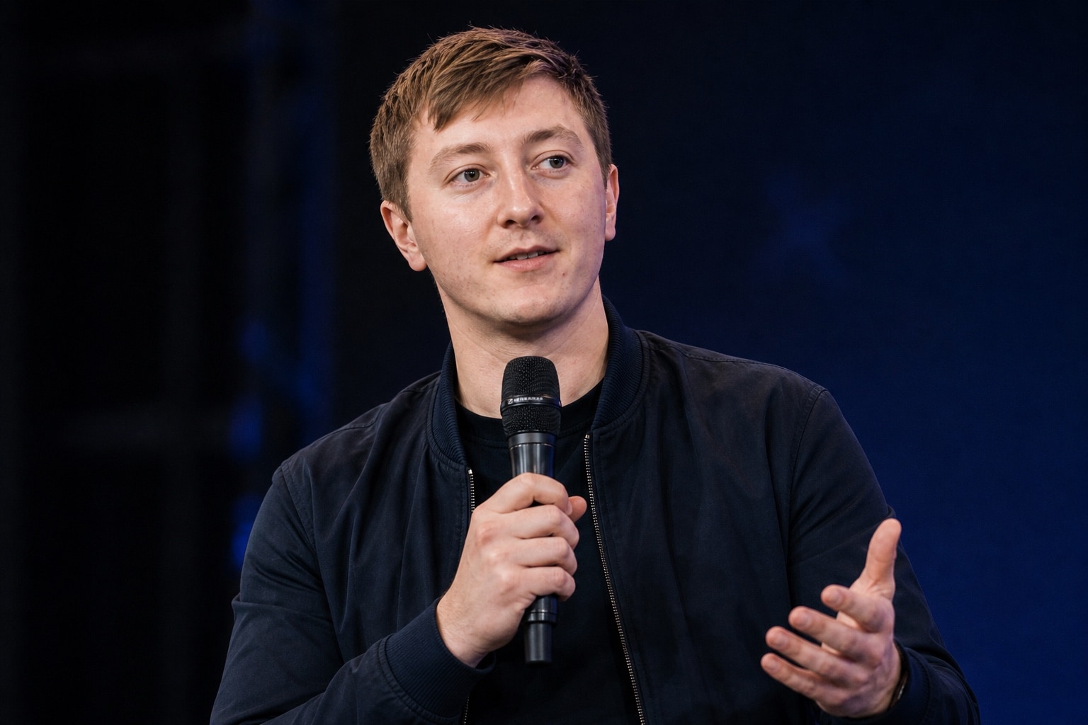 Moritz Zinecker spricht mit einem Handmikrofon vor dunklem Bühnenhintergrund