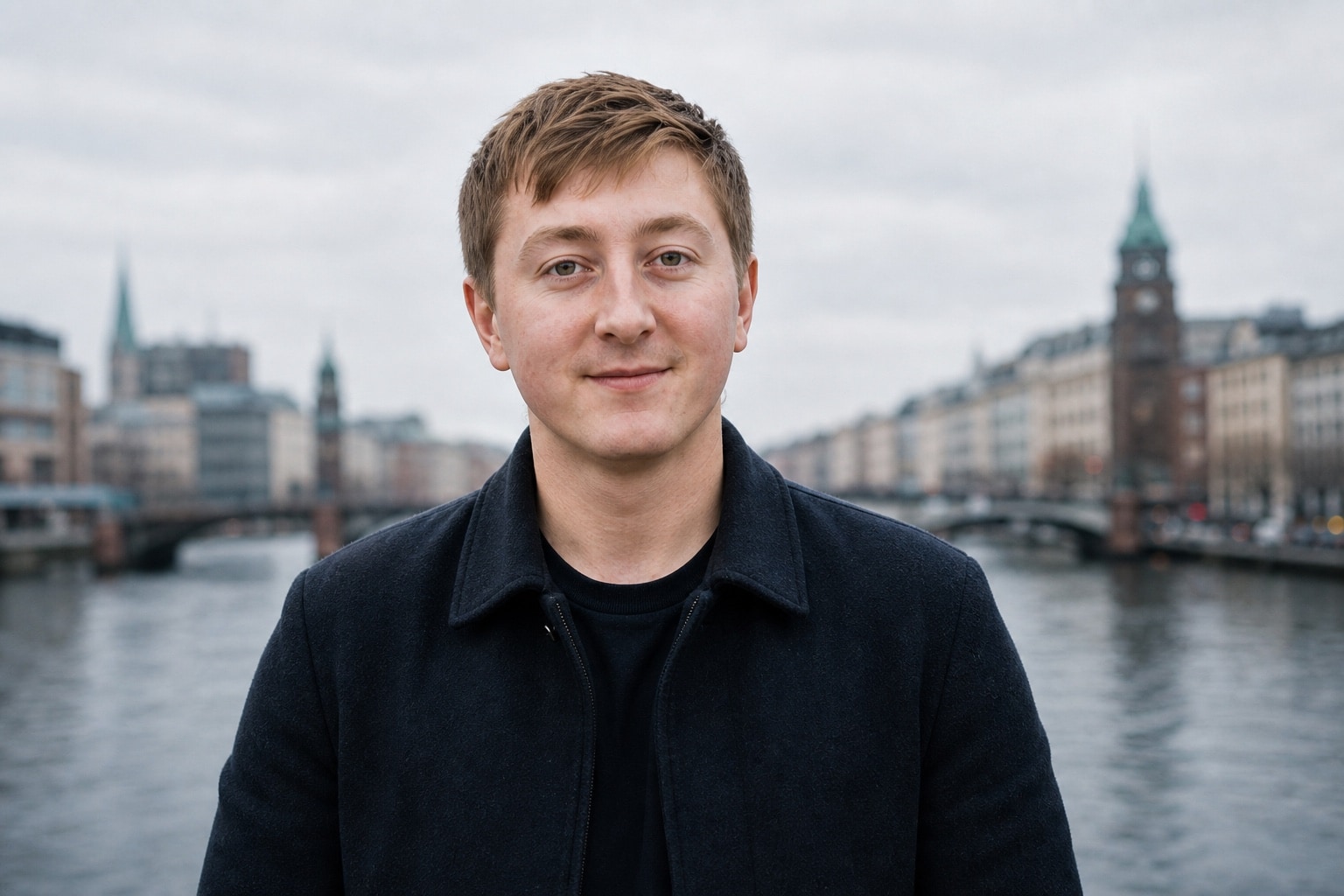 Moritz Zinecker in einem dunklen Mantel an einem städtischen Ufer