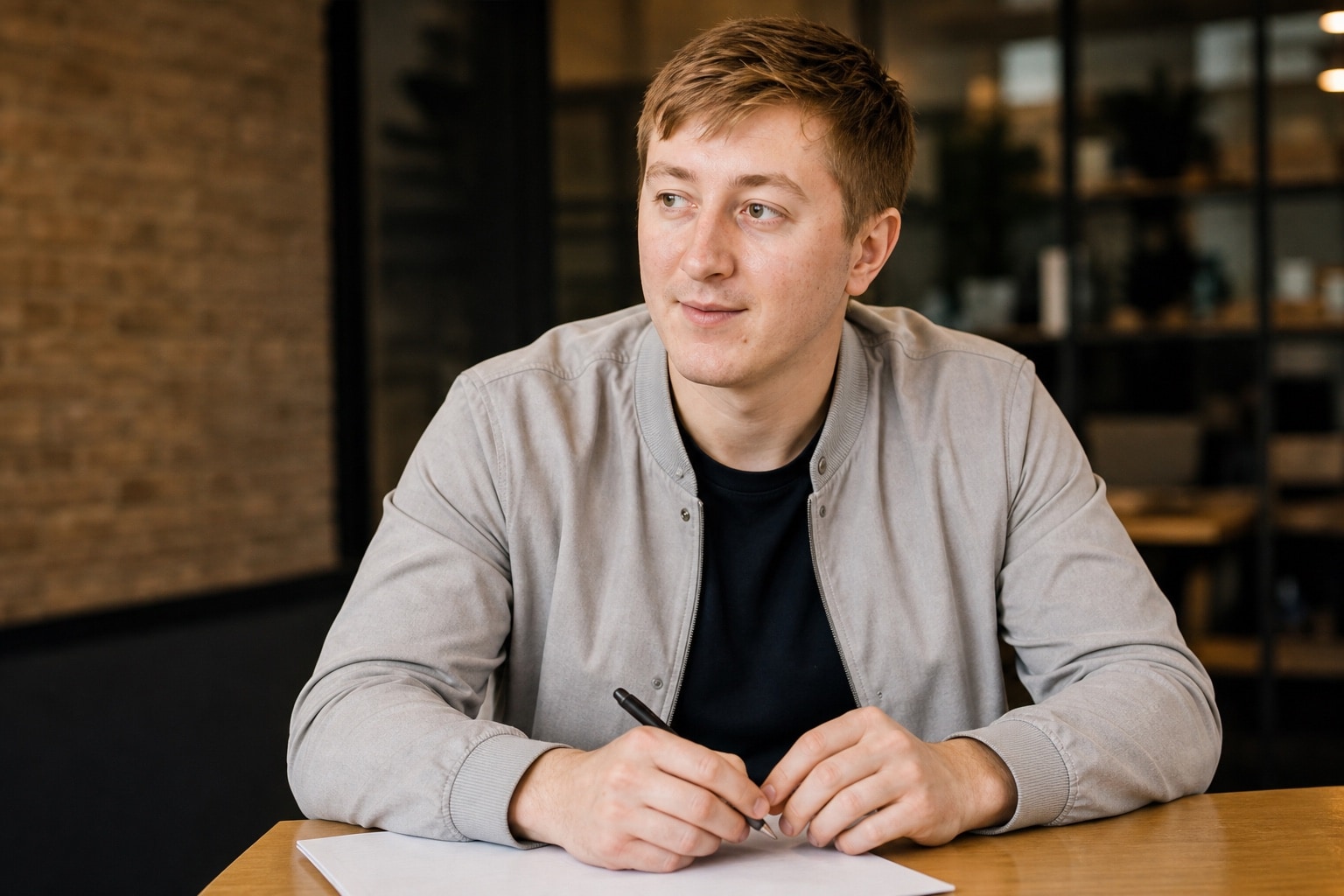 Moritz Zinecker sitzt mit Stift und Papier an einem Holztisch