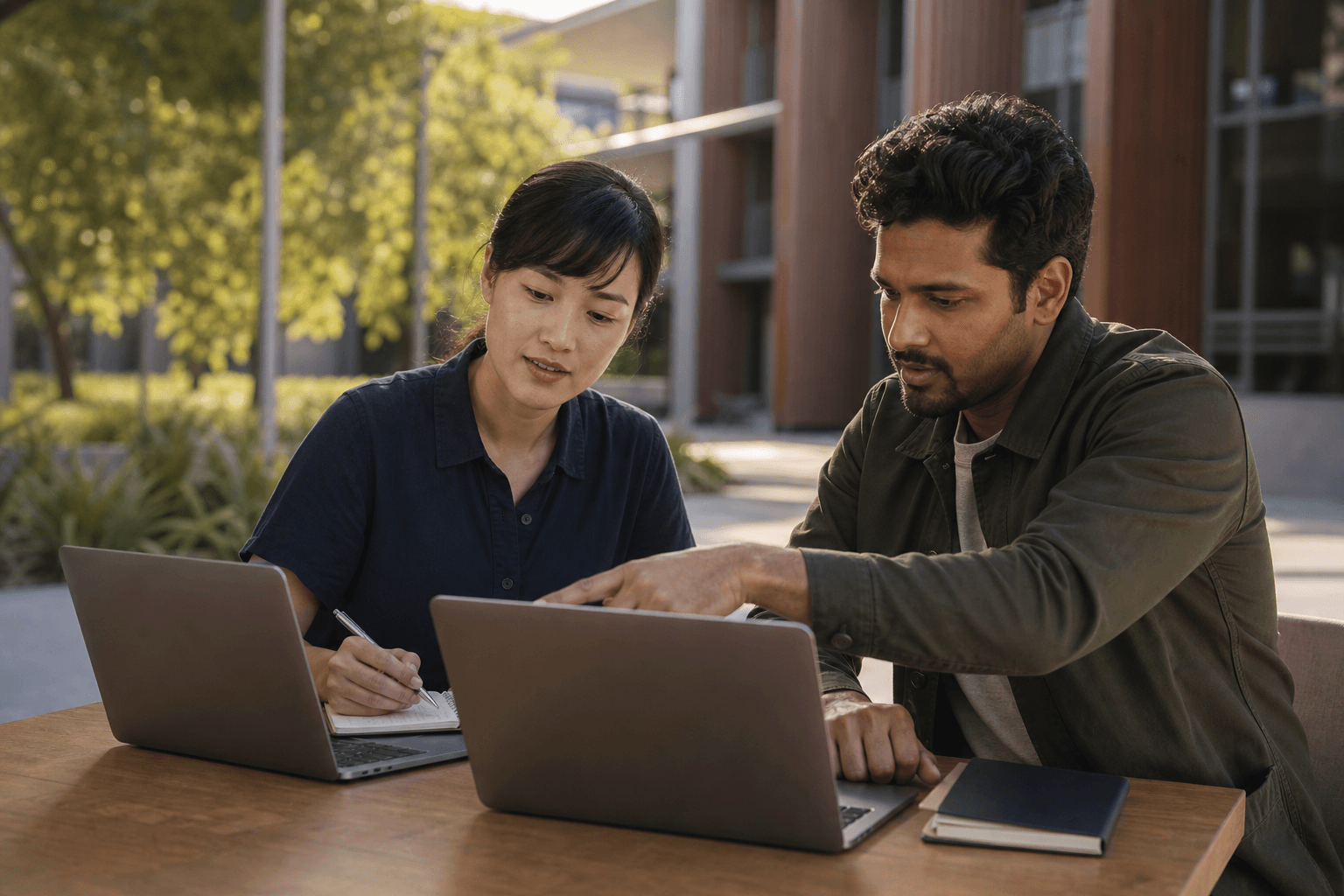 Zwei Produktfachleute besprechen draußen ihre Arbeit an zwei Laptops