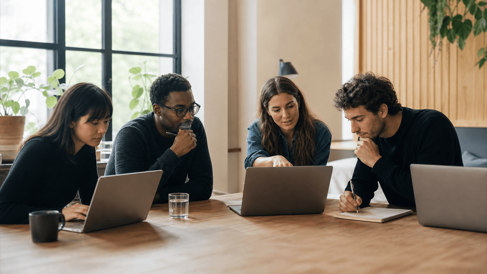 Vier Produktfachleute arbeiten in einem hellen Studio gemeinsam an Laptops