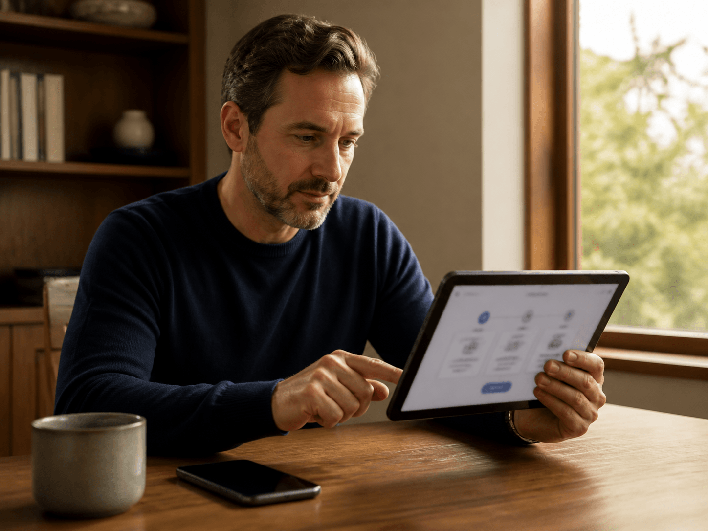 Eine Person prüft auf einem Tablet bewusst eine vorgeschlagene Änderung