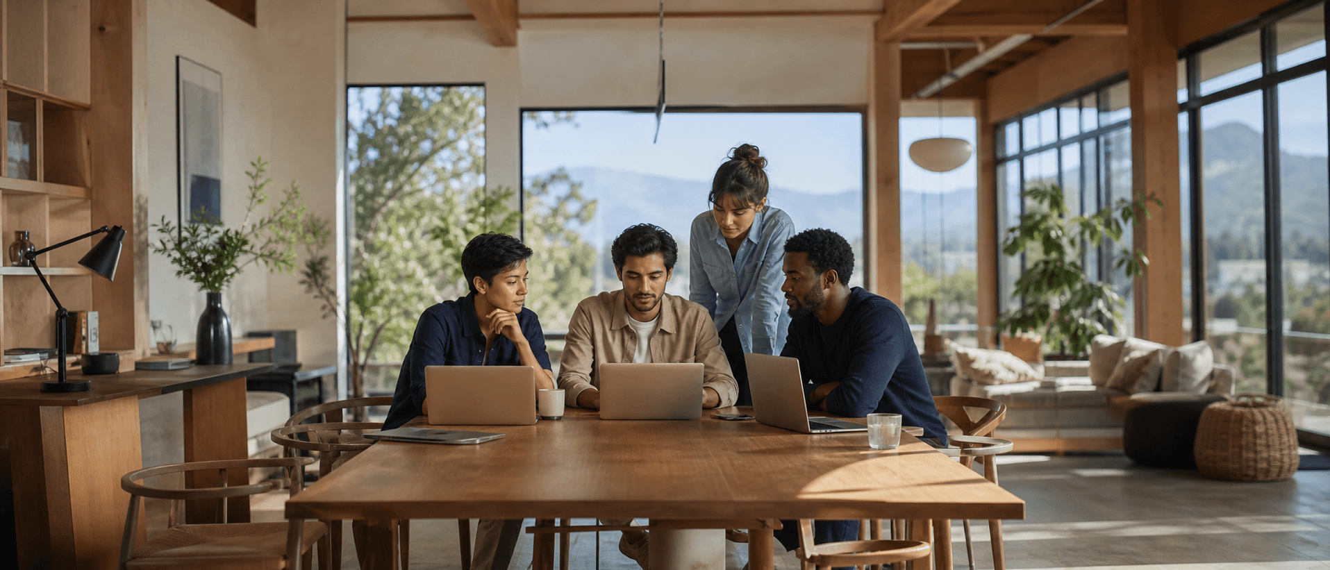 Vier Entwicklerinnen und Entwickler arbeiten gemeinsam an Laptops
