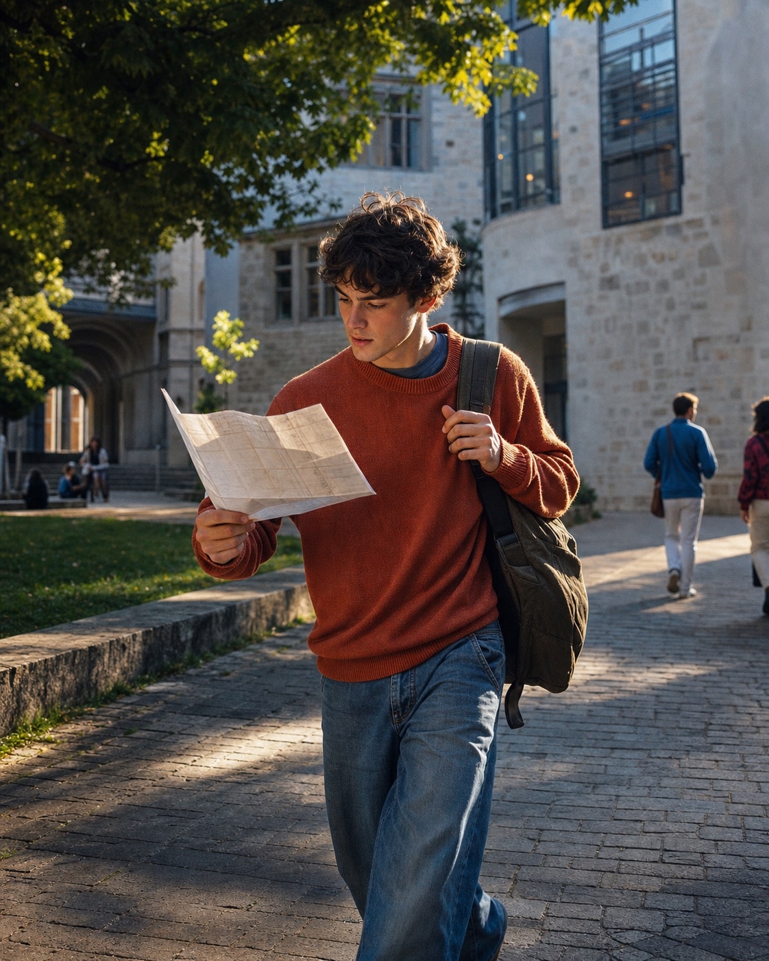 A student checks a paper timetable on campus