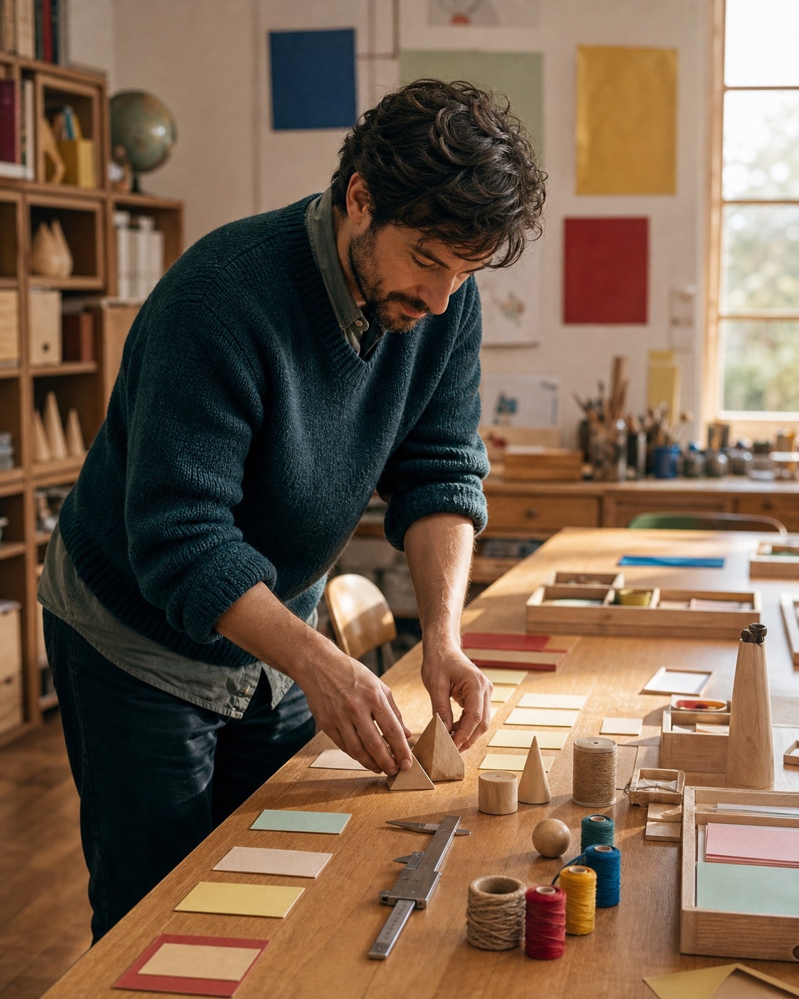 A teacher prepares classroom materials at a table