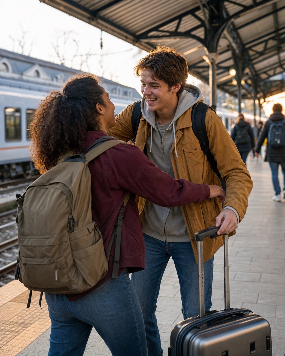Two young people greet each other at a railway station