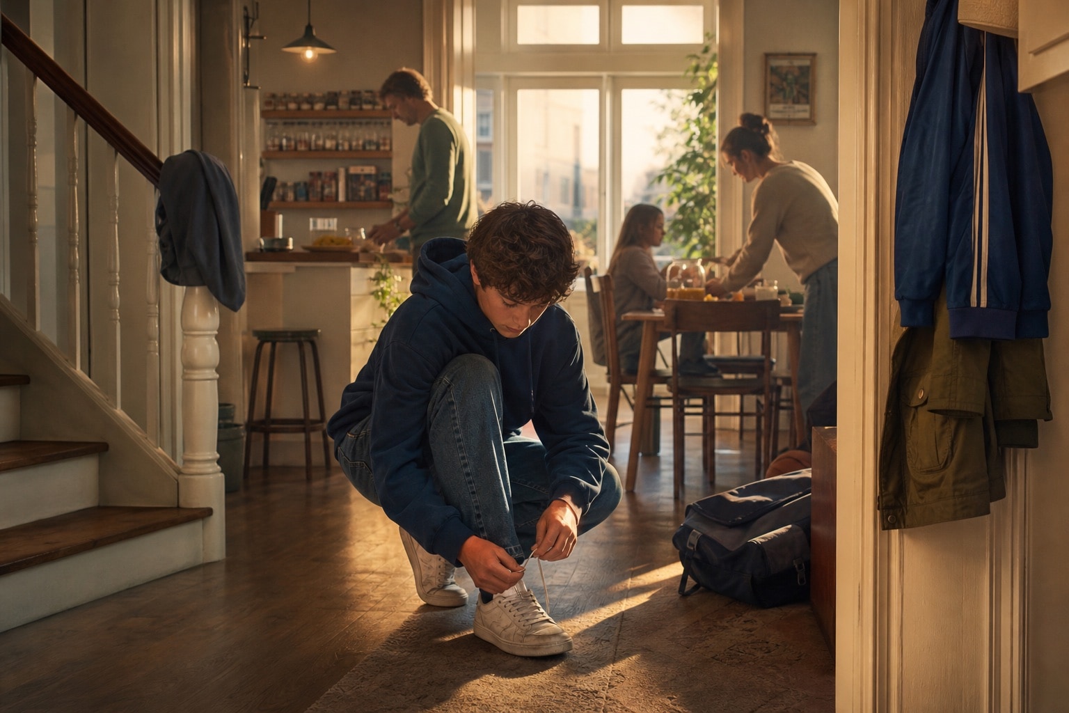 Ein Student macht sich am Morgen bereit, während seine Familie in den Tag startet