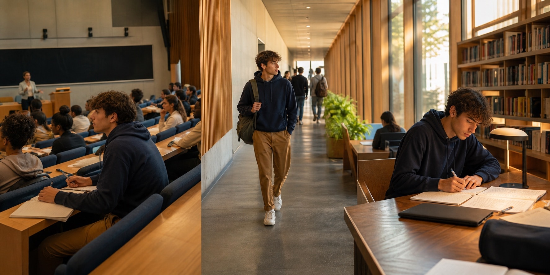 Ein Student bewegt sich durch verschiedene Momente seiner Lernwoche