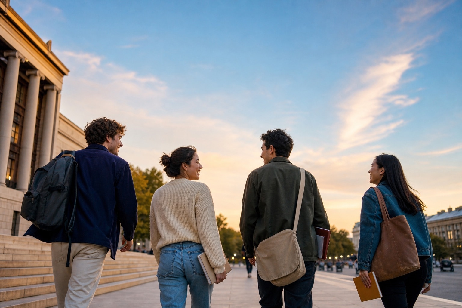 Vier Freunde verlassen am Abend gemeinsam den Campus