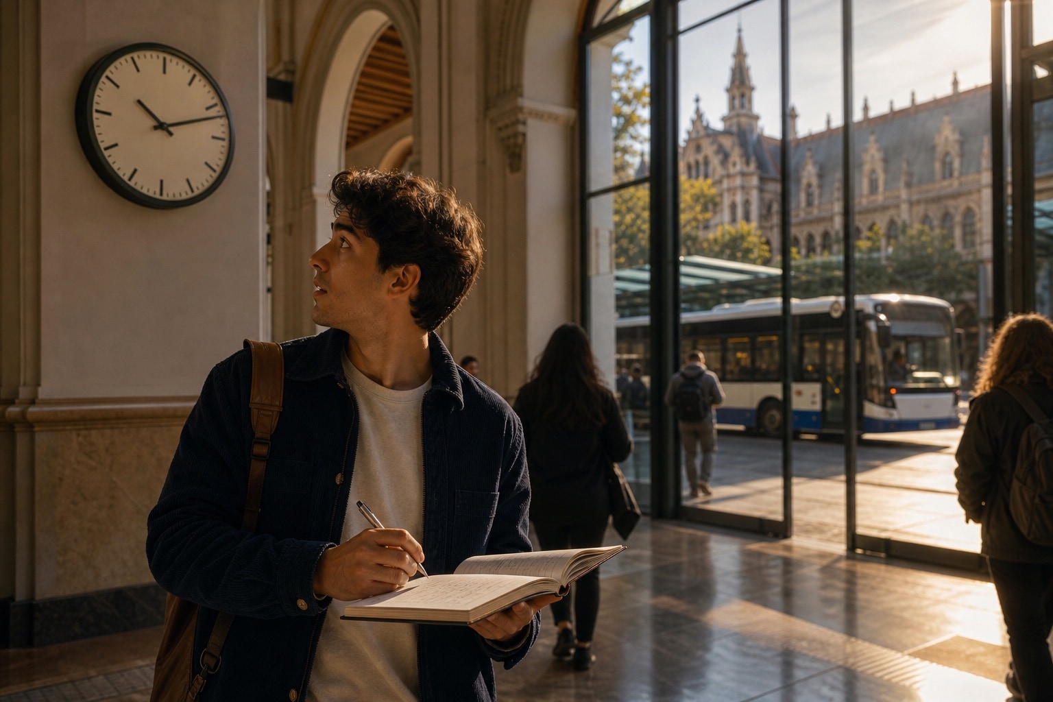 Ein Student koordiniert Notizen und Zeit zwischen zwei Terminen auf dem Campus