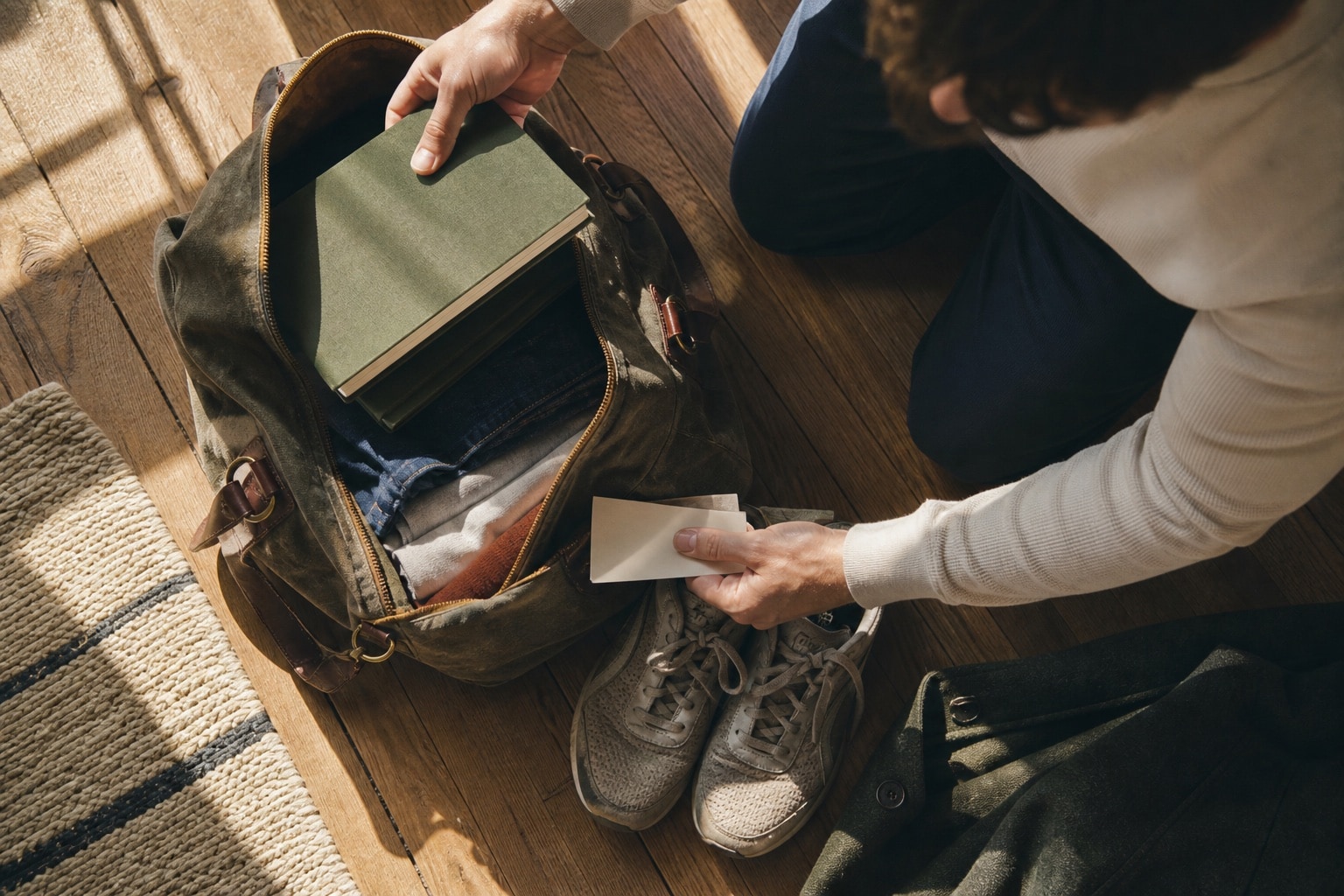 Journal, Fahrkarte und Laufschuhe liegen für einen vielseitigen Tag bereit
