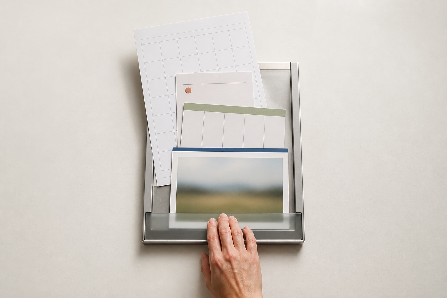 Kalender, Erinnerung, geteiltes Blatt und Foto werden in einen klaren Ablauf eingeordnet