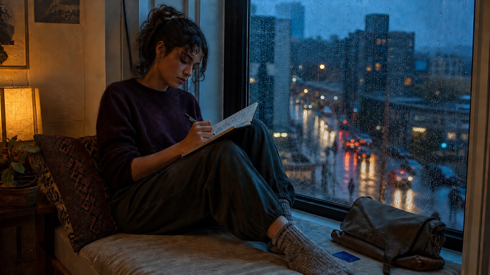 Eine Studentin hält am Abend Gedanken in einem Journal fest