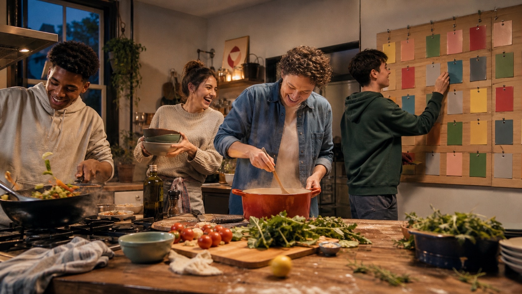 Eine Familie teilt Aufgaben beim gemeinsamen Kochen auf