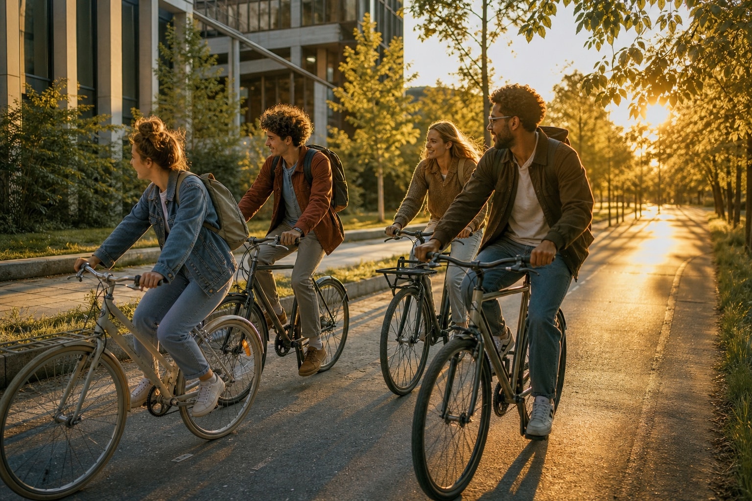 Studierende verlassen nach getaner Arbeit gemeinsam den Campus