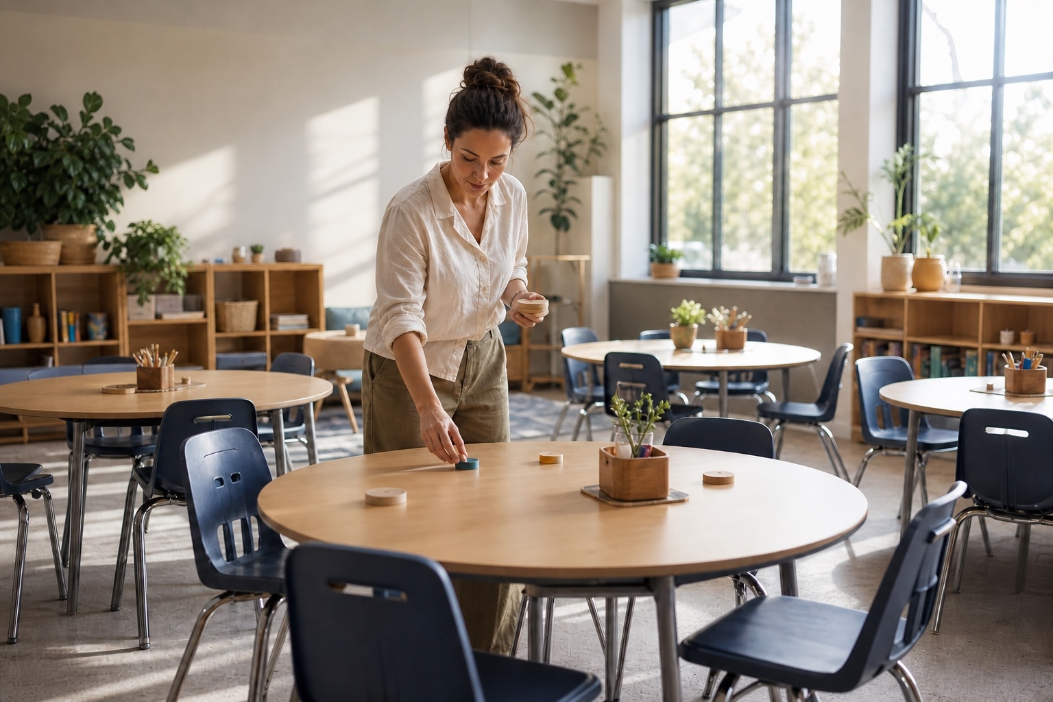 Eine Lehrkraft bereitet kleine Arbeitsgruppen für eine Klasse vor