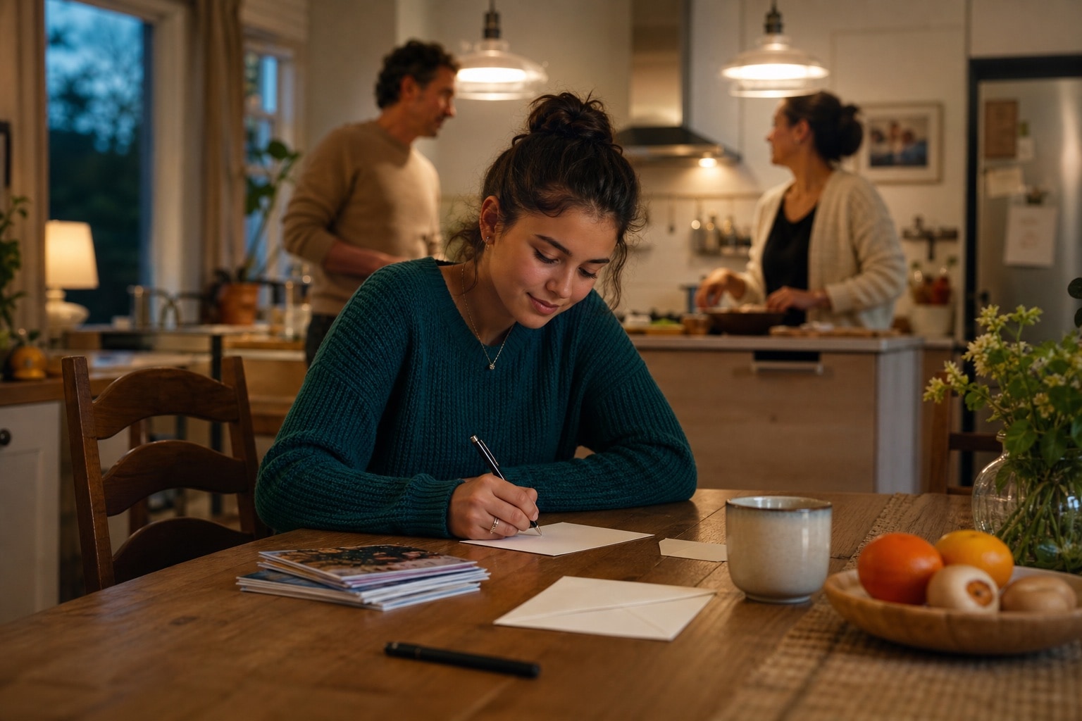 Ein Austauschstudent schreibt im Zuhause der Gastfamilie persönliche Post