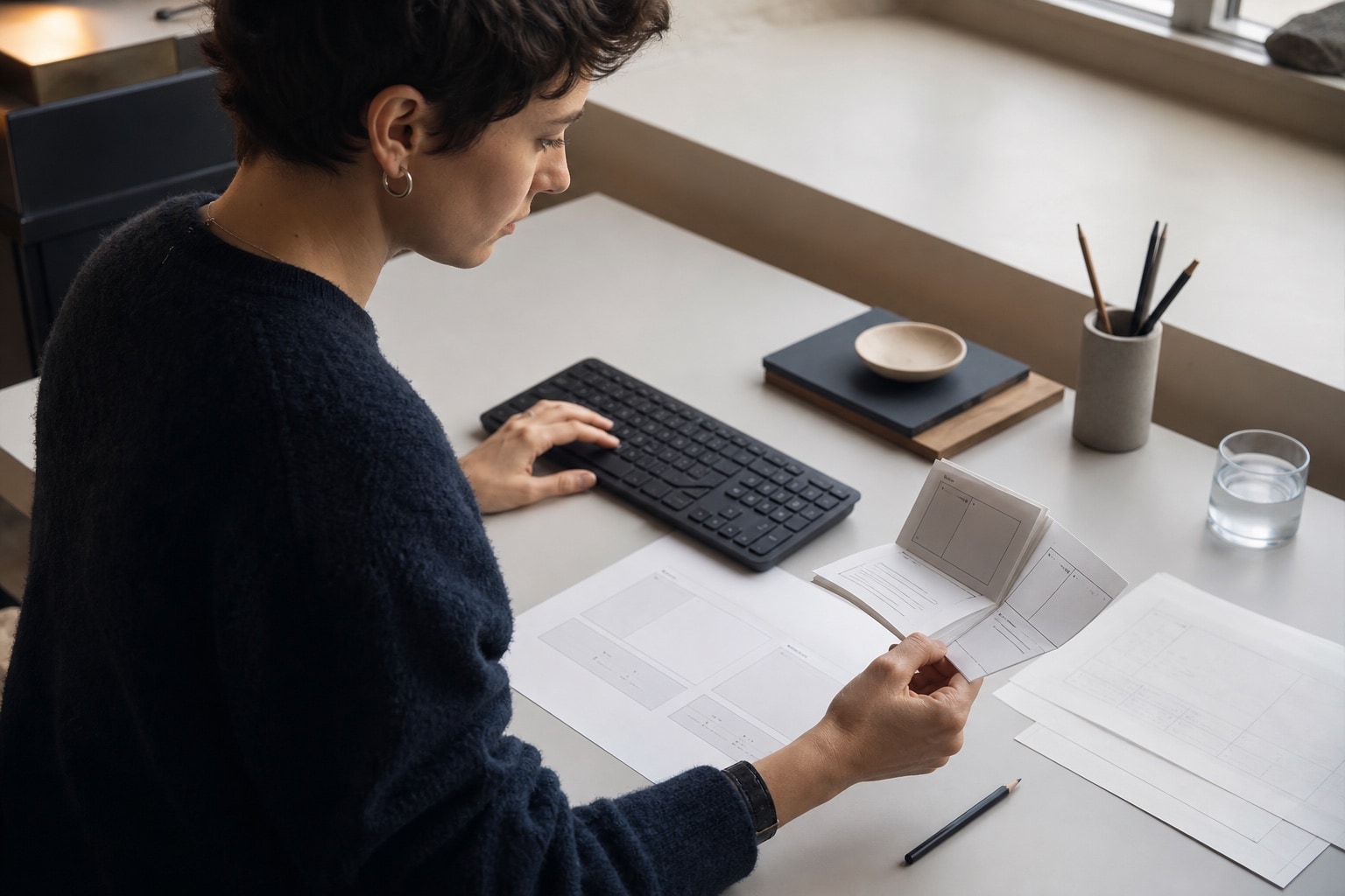 Eine Produktdesignerin vergleicht einen Papierprototyp mit einer digitalen Arbeitsfläche