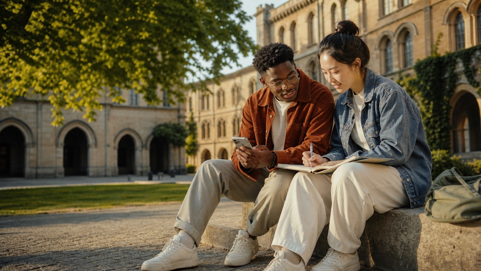 Zwei Studierende planen gemeinsam auf dem Campus
