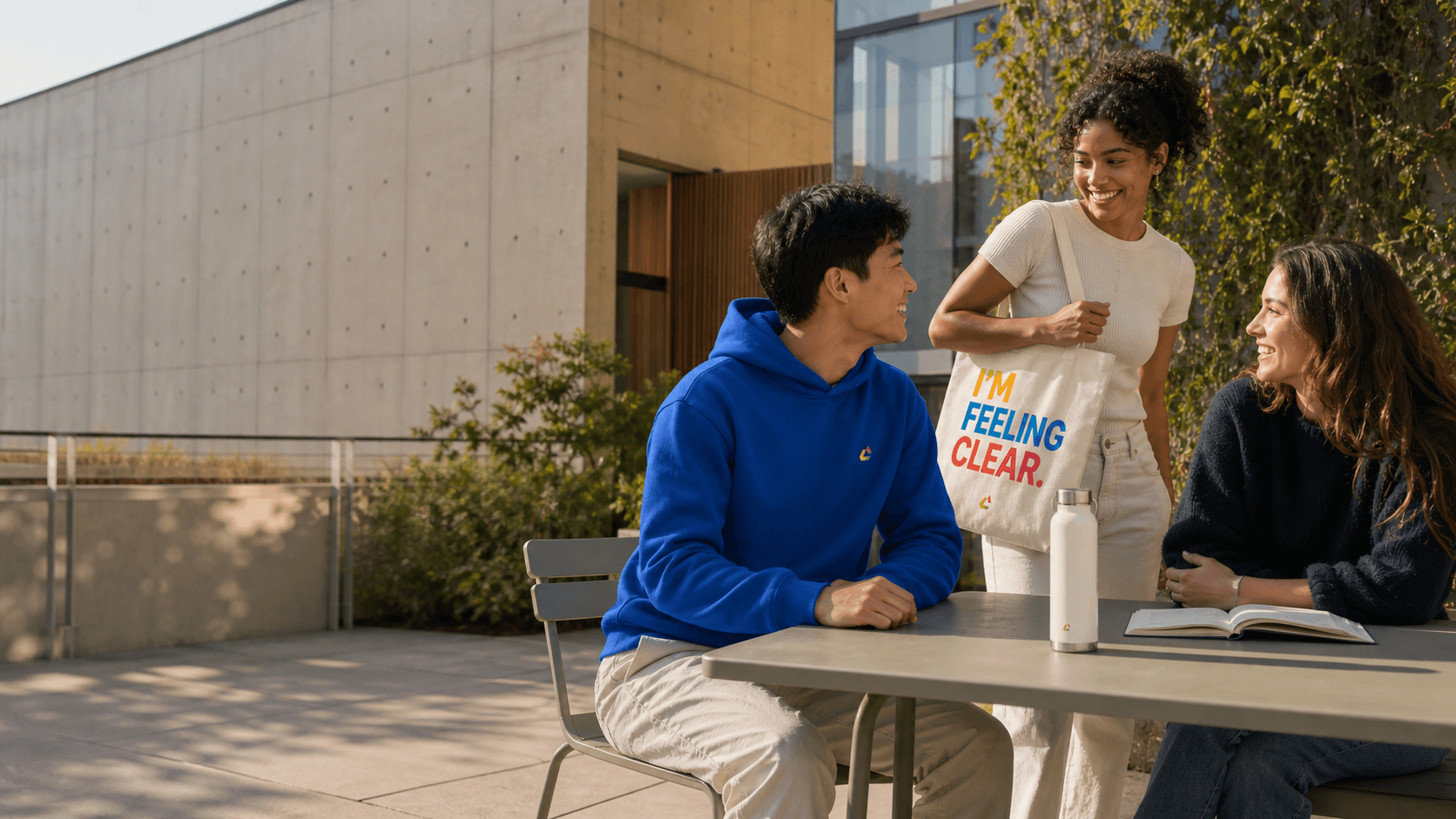 Three young adults with a Clarity hoodie, tote bag and bottle on a sunlit campus terrace
