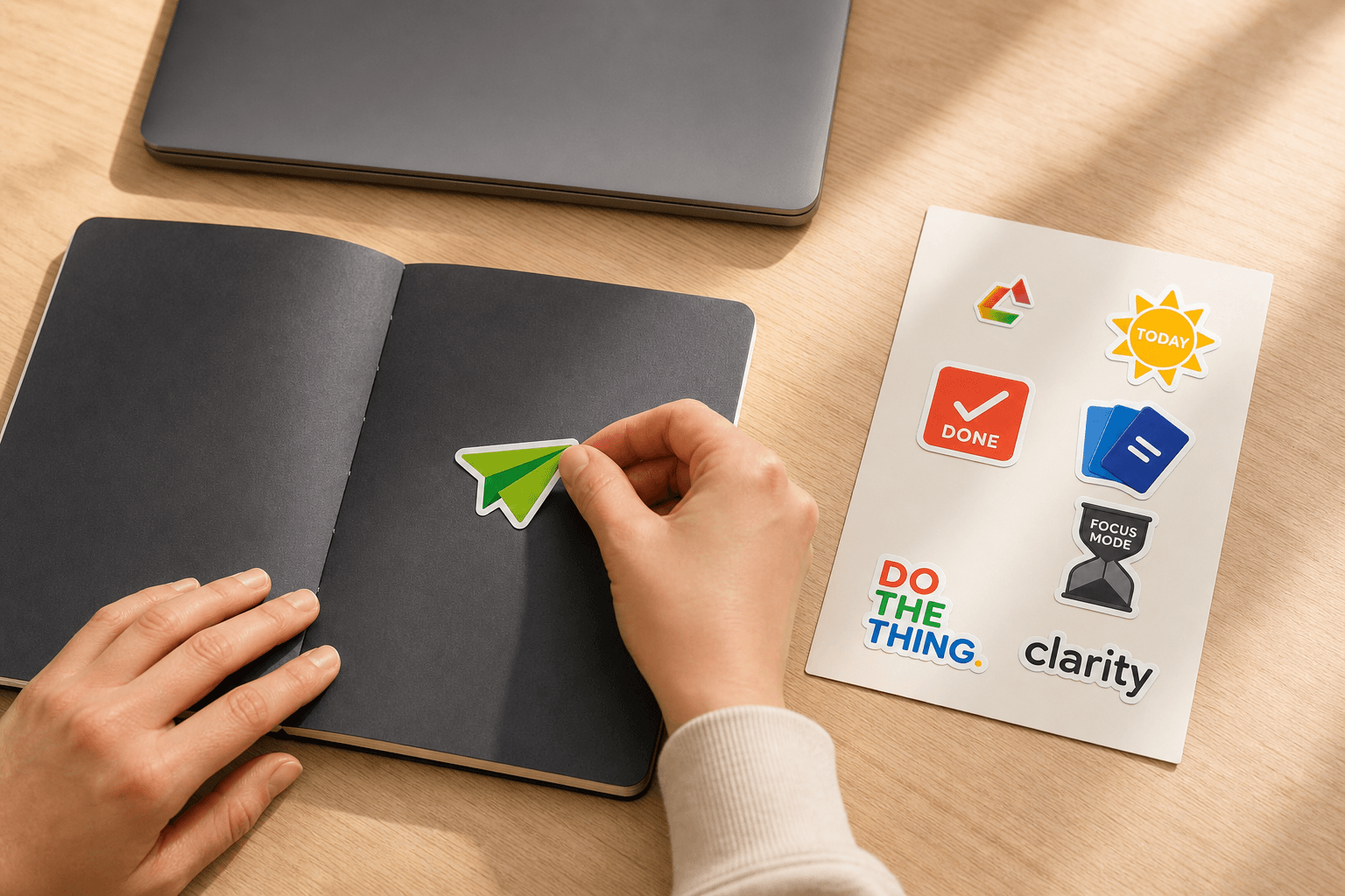 Clarity Sticker Set in an editorial everyday setting