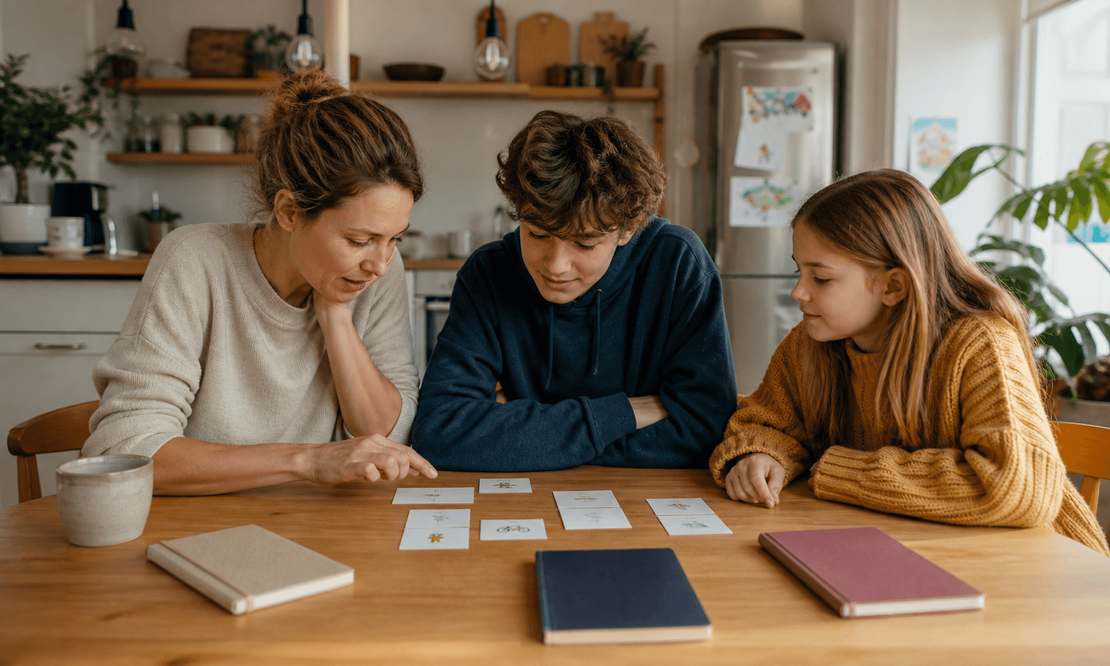 Eine Familie plant gemeinsam an einem Küchentisch