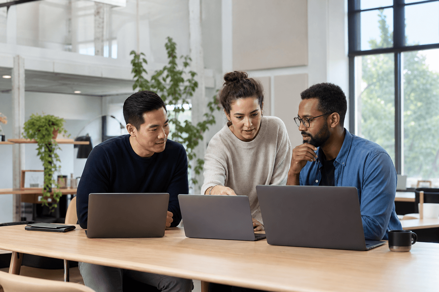 Drei Developer besprechen gemeinsam eine App-Architektur