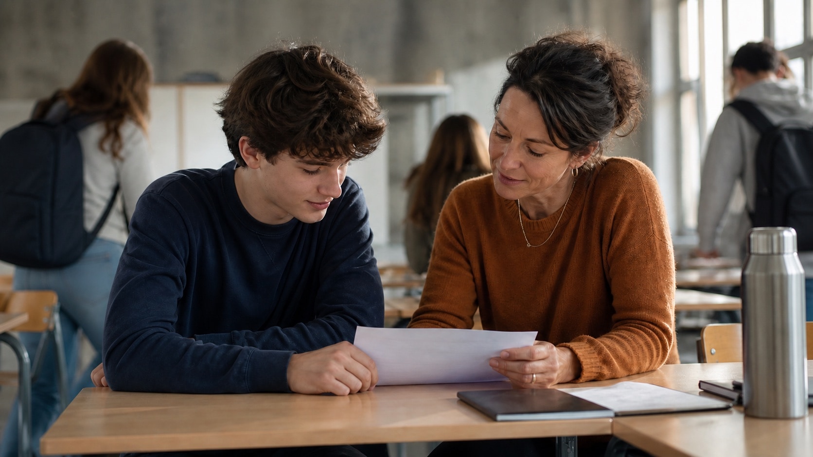 Eine Schülerin und eine Lehrkraft besprechen gemeinsam den Lernfortschritt