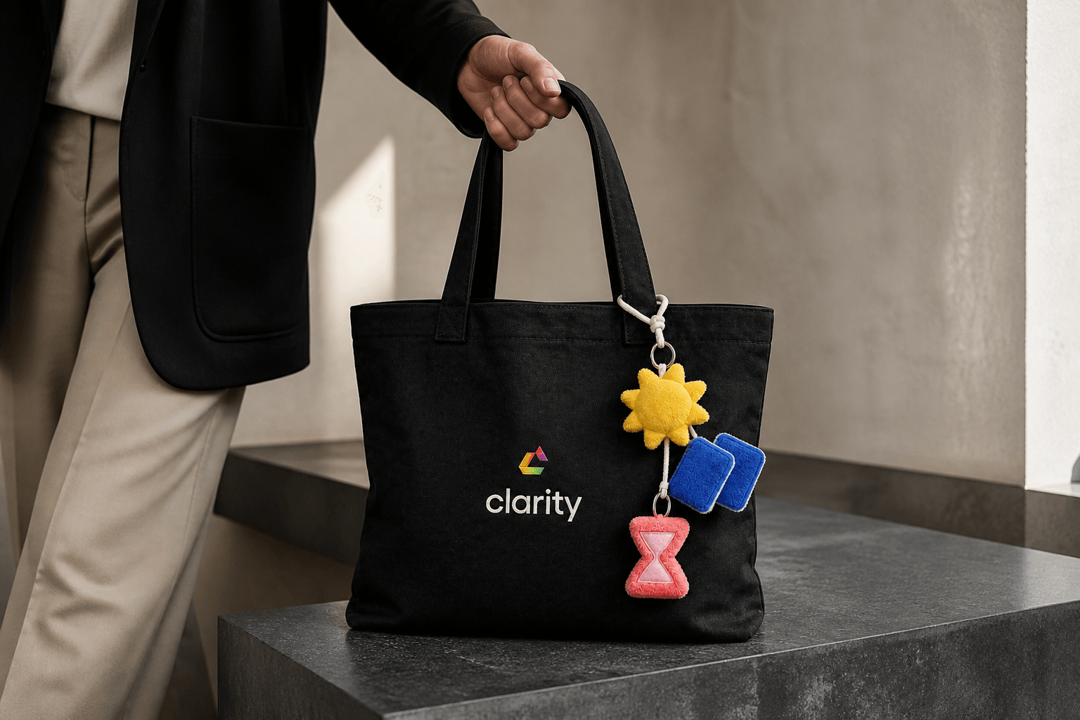 Clarity Utility Tote wird in einer offiziellen Clarity Lifestyle-Aufnahme getragen oder genutzt