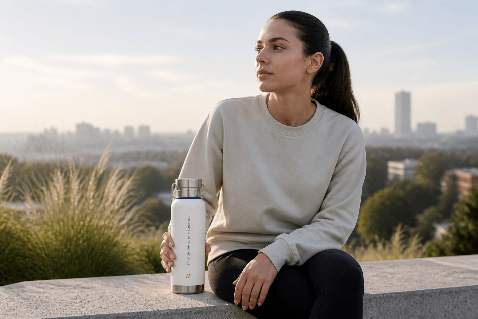 Stay Sharp Bottle wird in einer offiziellen Clarity Lifestyle-Aufnahme getragen oder genutzt