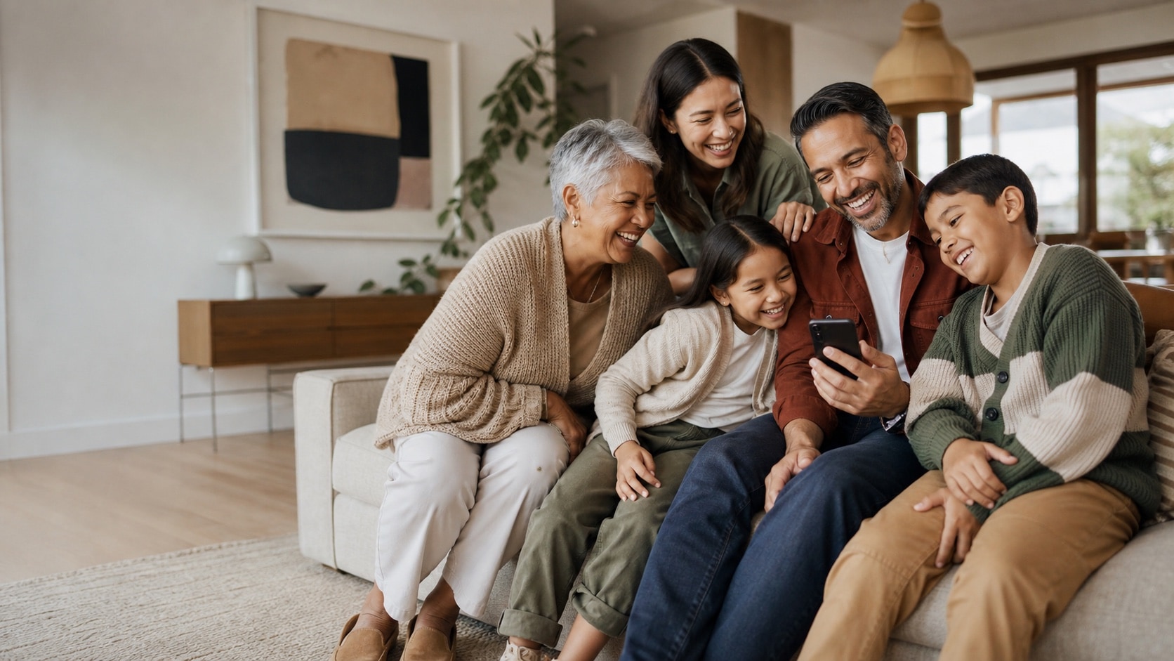 Eine Familie plant gemeinsam auf einem Smartphone
