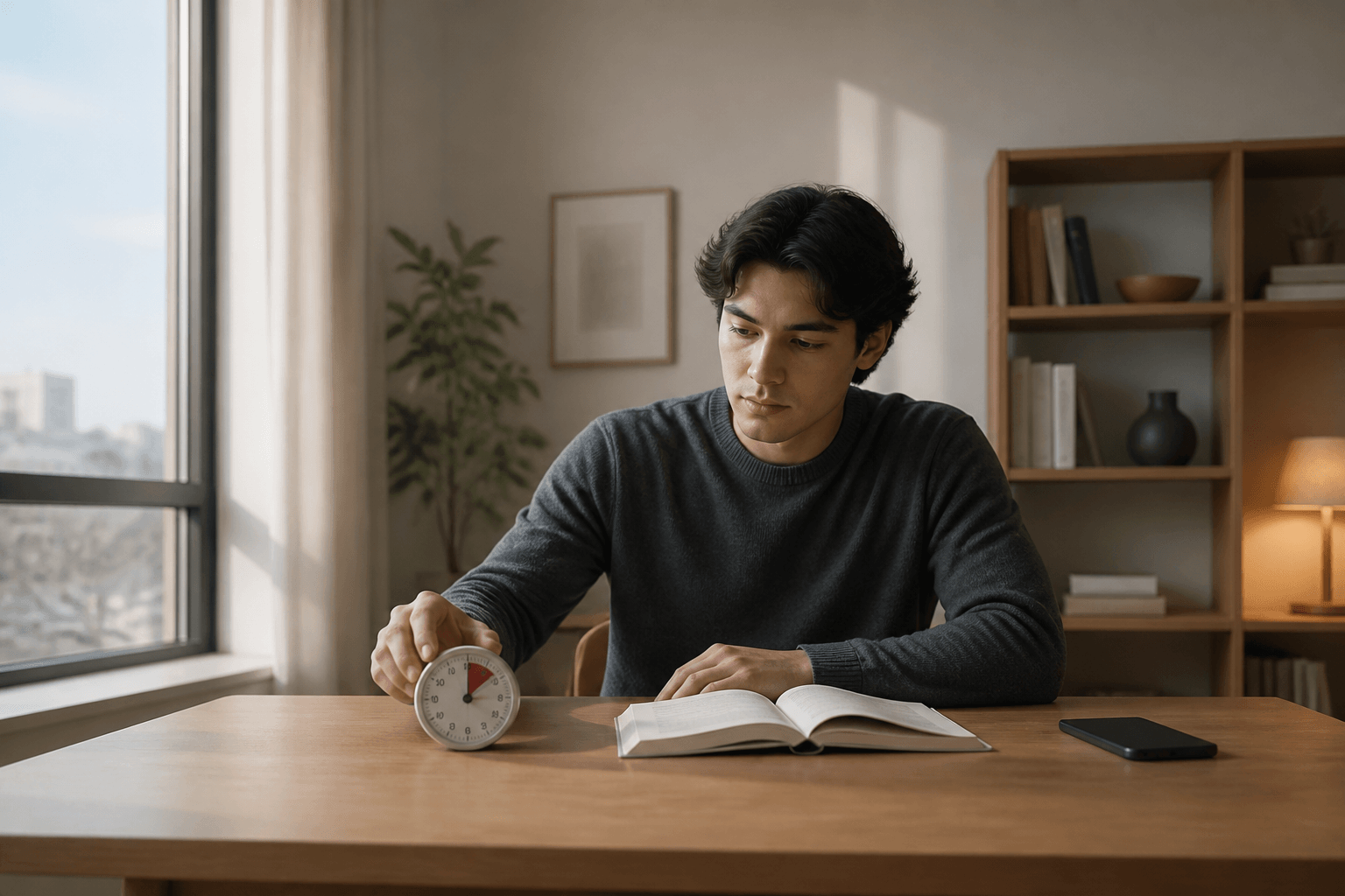 Ein Student stellt einen analogen Timer neben einem aufgeschlagenen Buch
