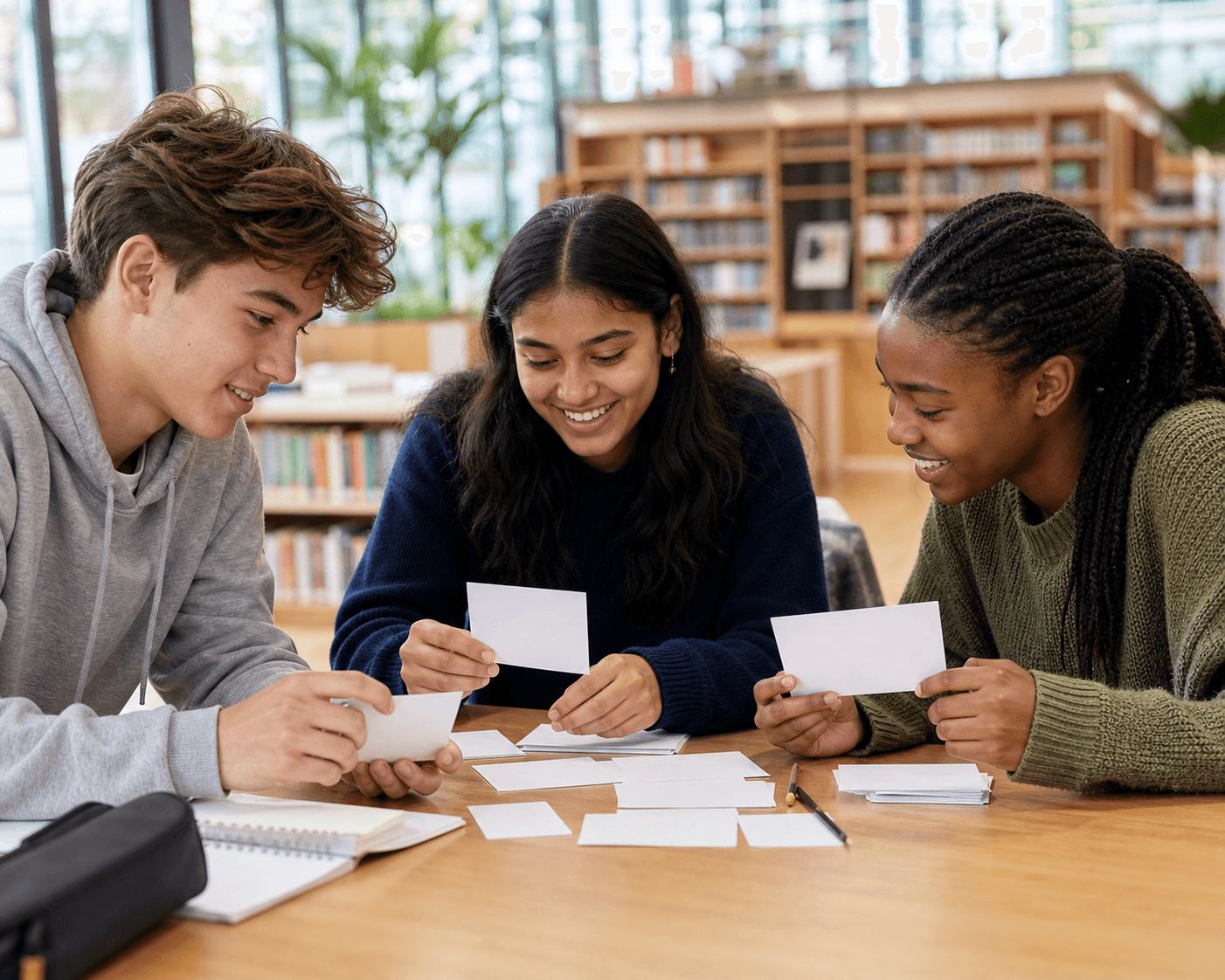 Drei Schülerinnen und Schüler arbeiten gemeinsam mit Lernkarten