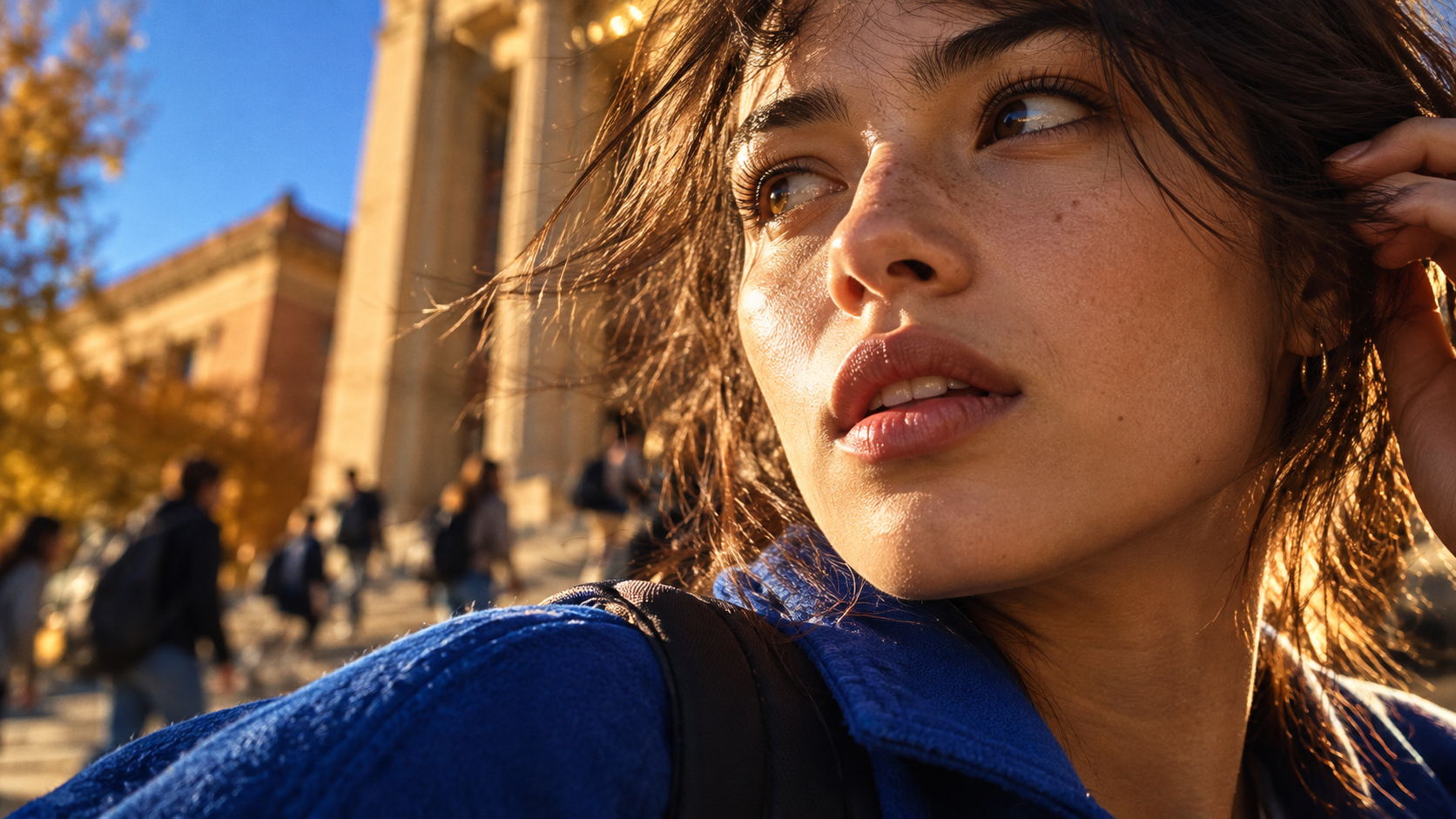 A learner looking ahead in warm light on campus