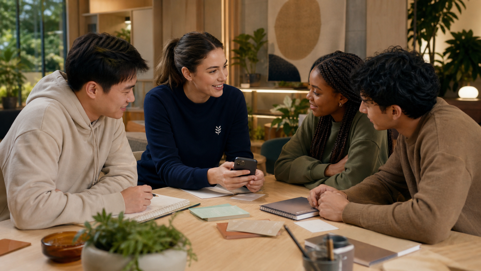 A Clarity Support team member discusses a feature with three young people