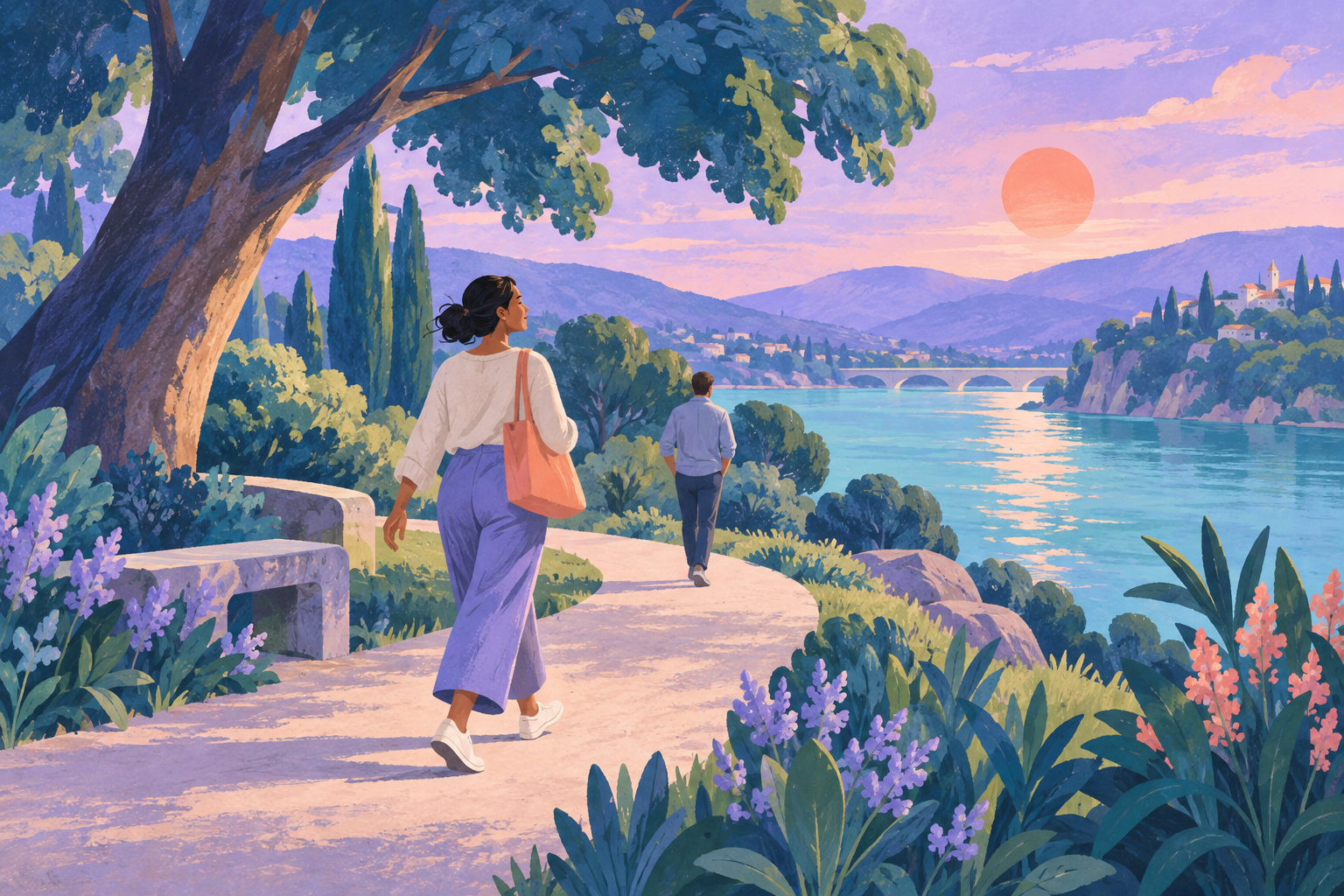 Eigene Illustration: zwei Personen gehen auf einem Weg am Wasser spazieren.
