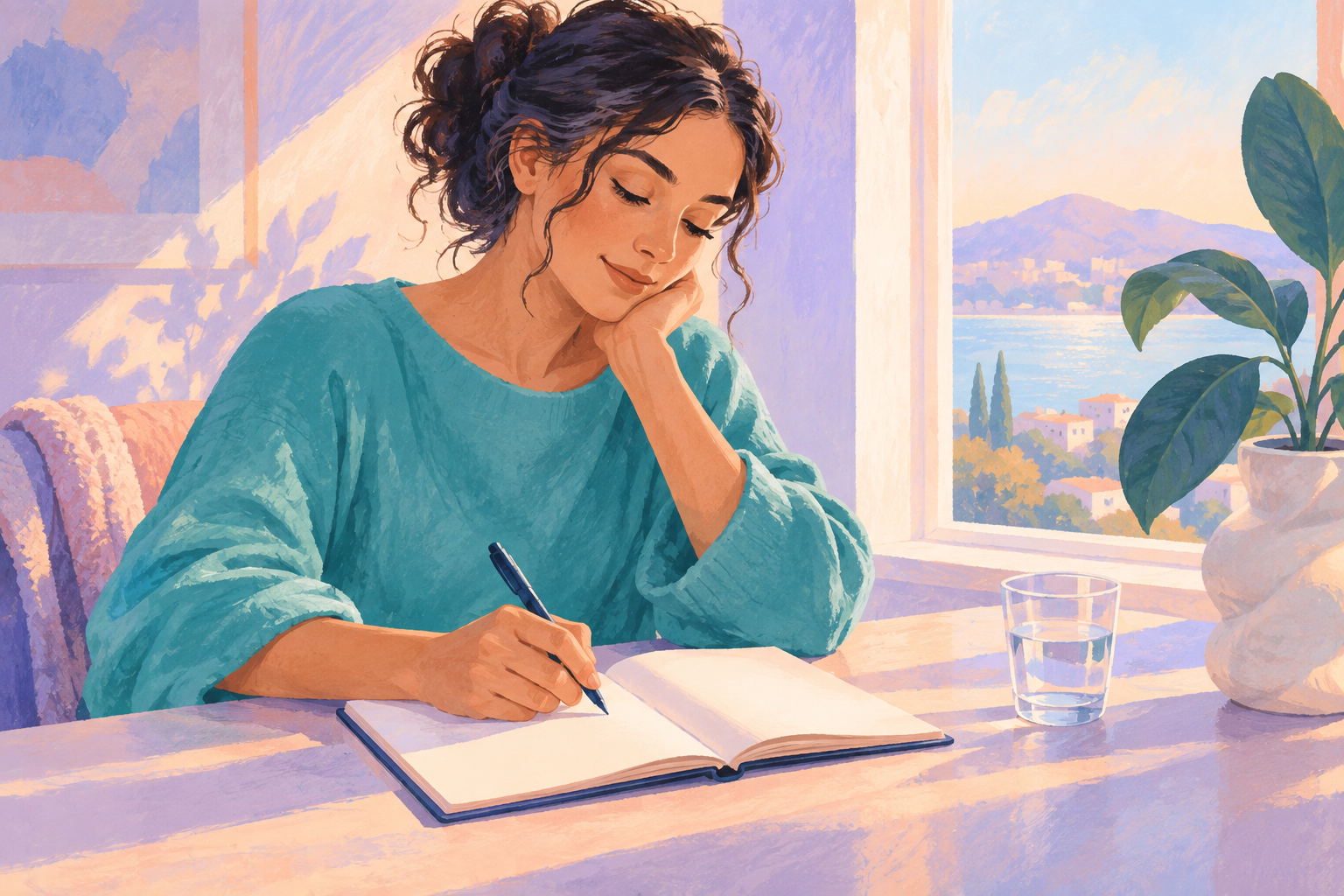 Eigene Illustration: eine Person schreibt am Fenster in ein aufgeschlagenes Buch.