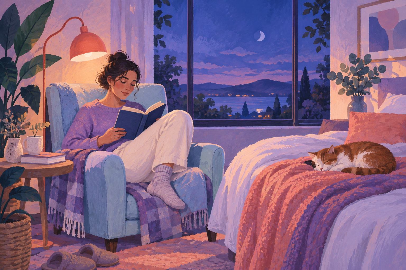 Eigene Illustration: eine Person liest am Abend neben einem Bett; draußen ist der Mond zu sehen.