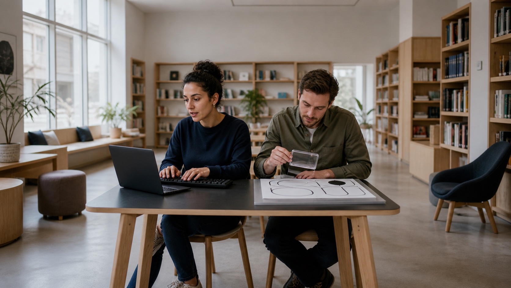 Two people test different ways of accessing a product with a keyboard and magnification