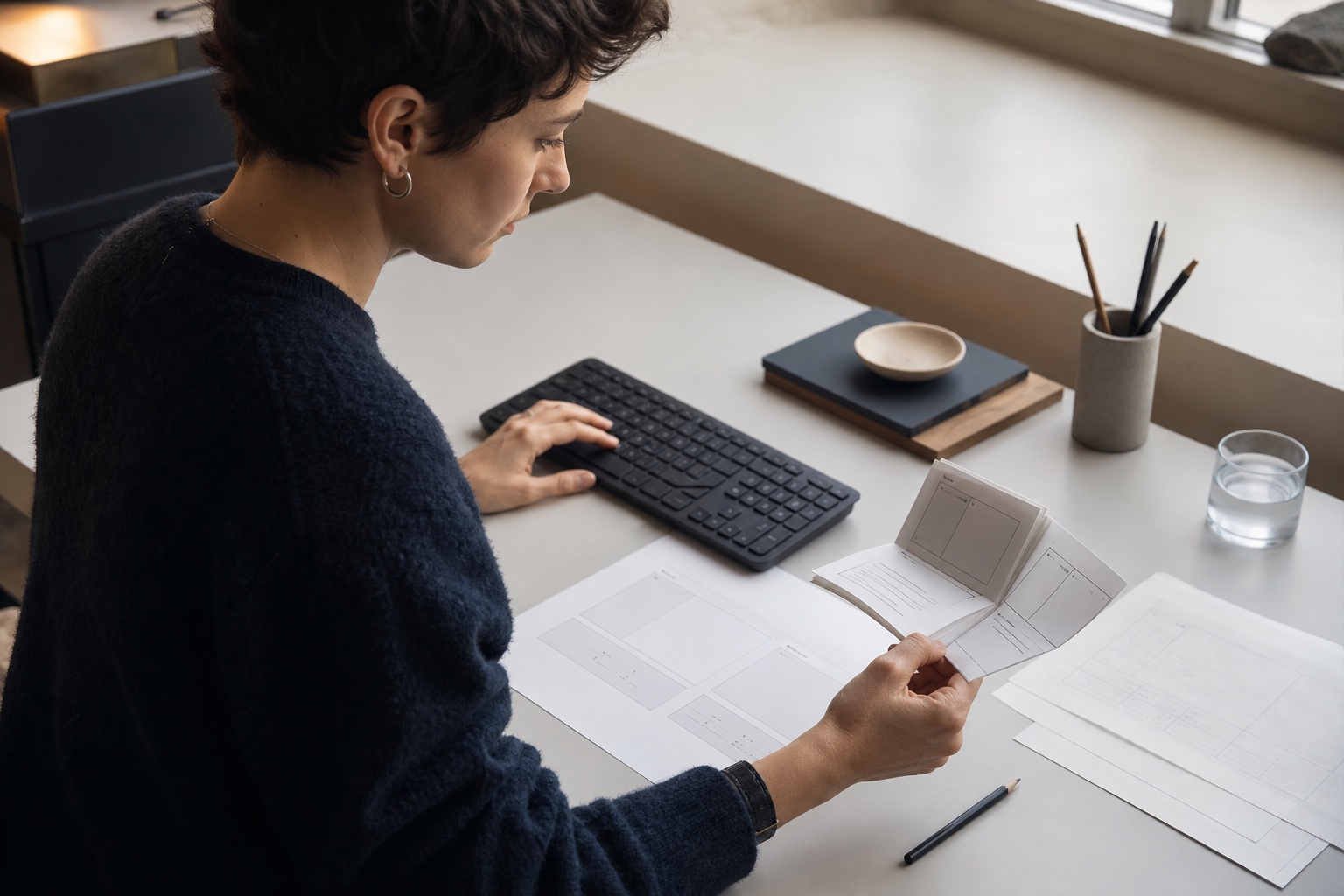 A product designer comparing a paper prototype with a digital workspace