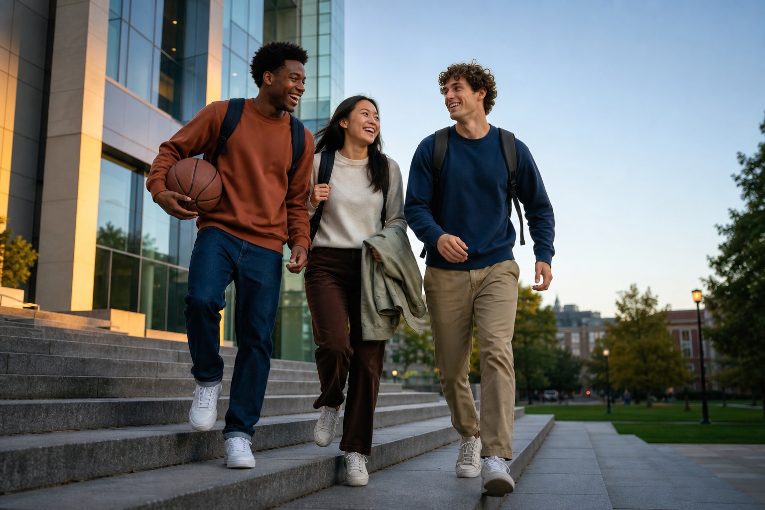 Drei Studierende verlassen nach einem geordneten Tag gemeinsam den Campus