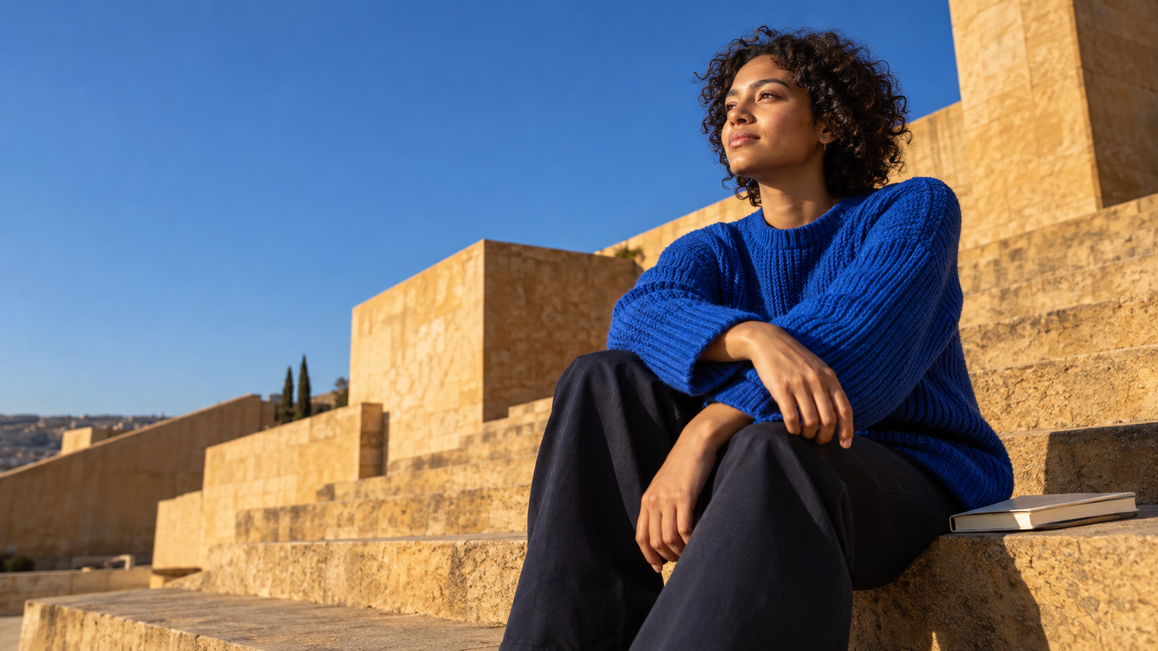 A young woman takes a quiet moment on warm sandstone steps after studying