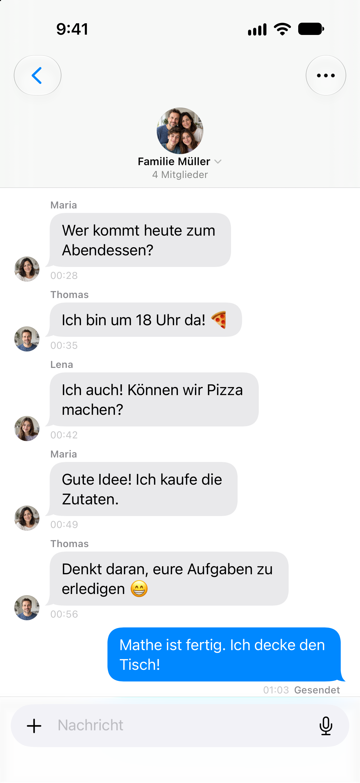 Clarity Familienchat: Die Familie verabredet Pizza, Einkauf und Tischdecken. Native App mit Beispieldaten.