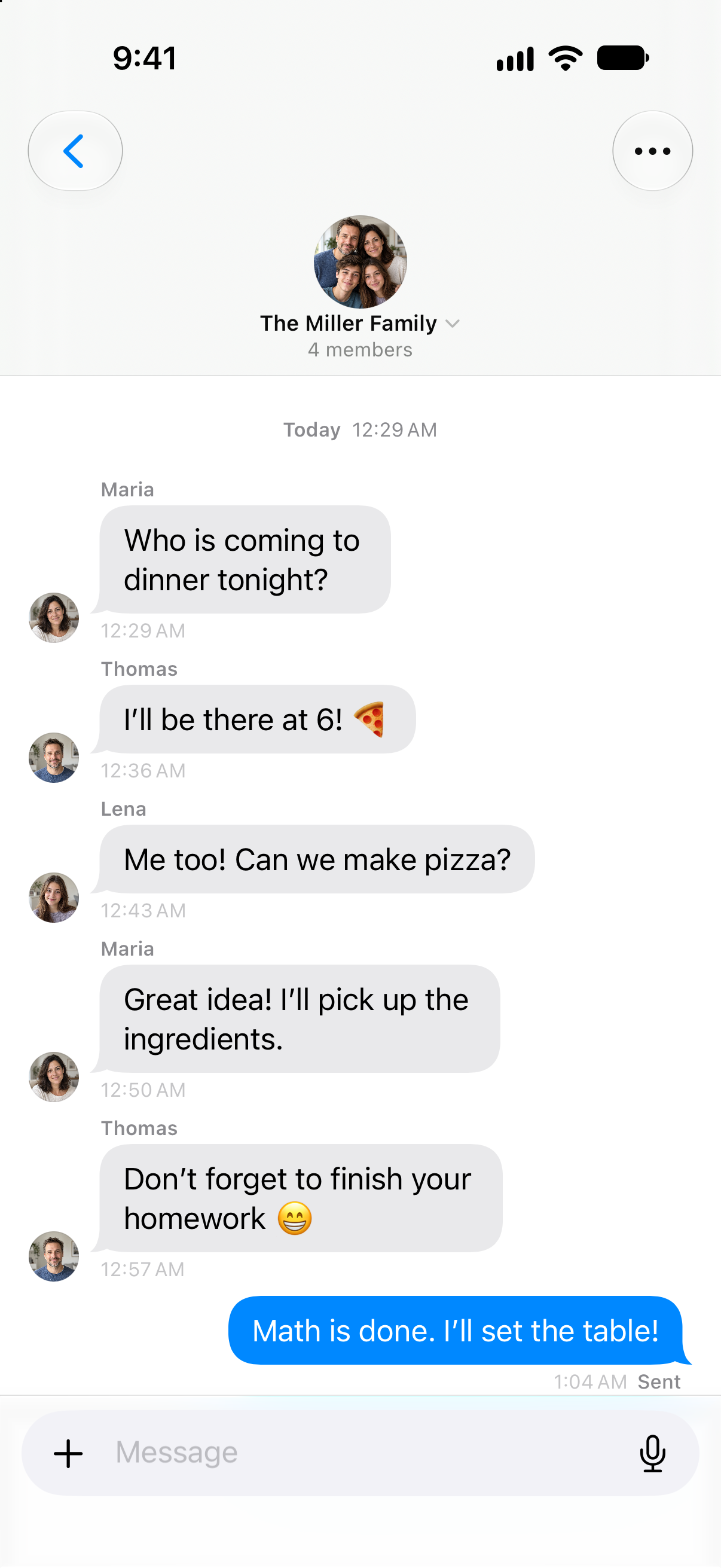 Clarity family chat with a fictional conversation about dinner