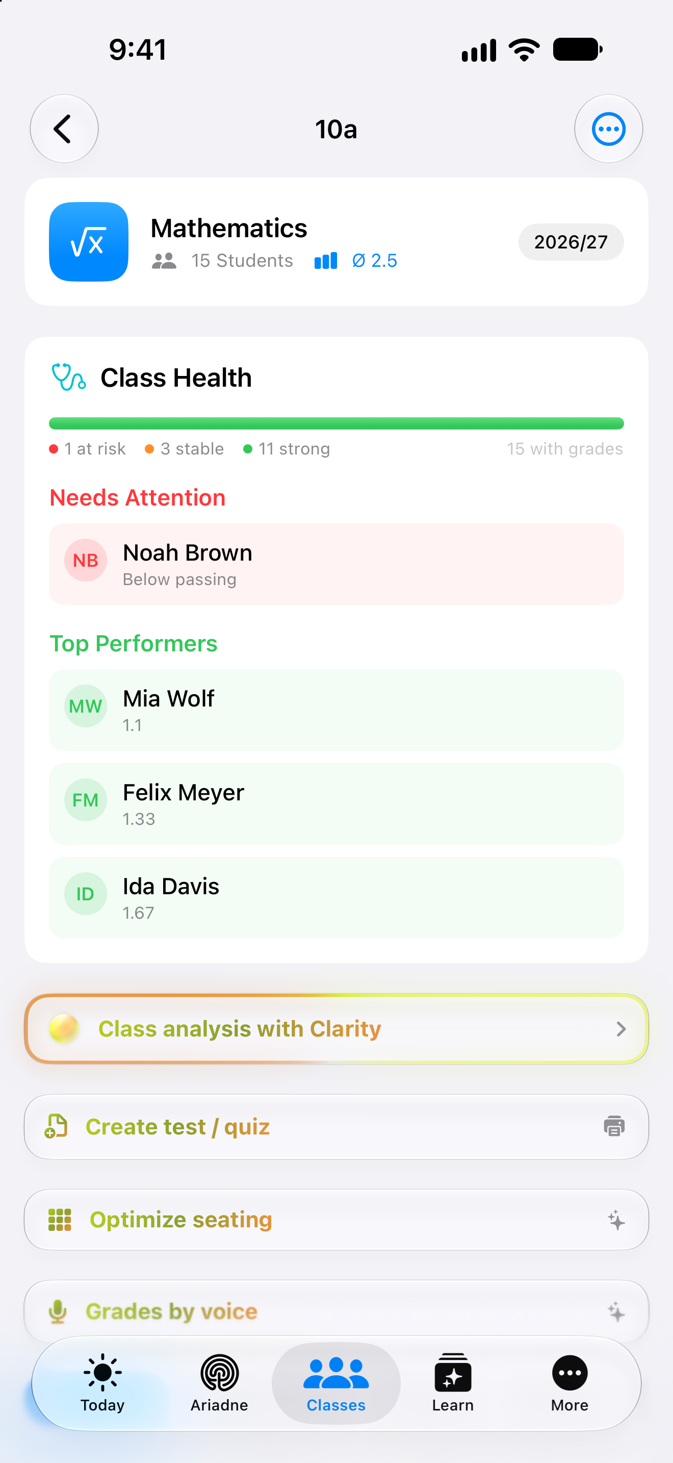 Original Clarity class view with fictional grades