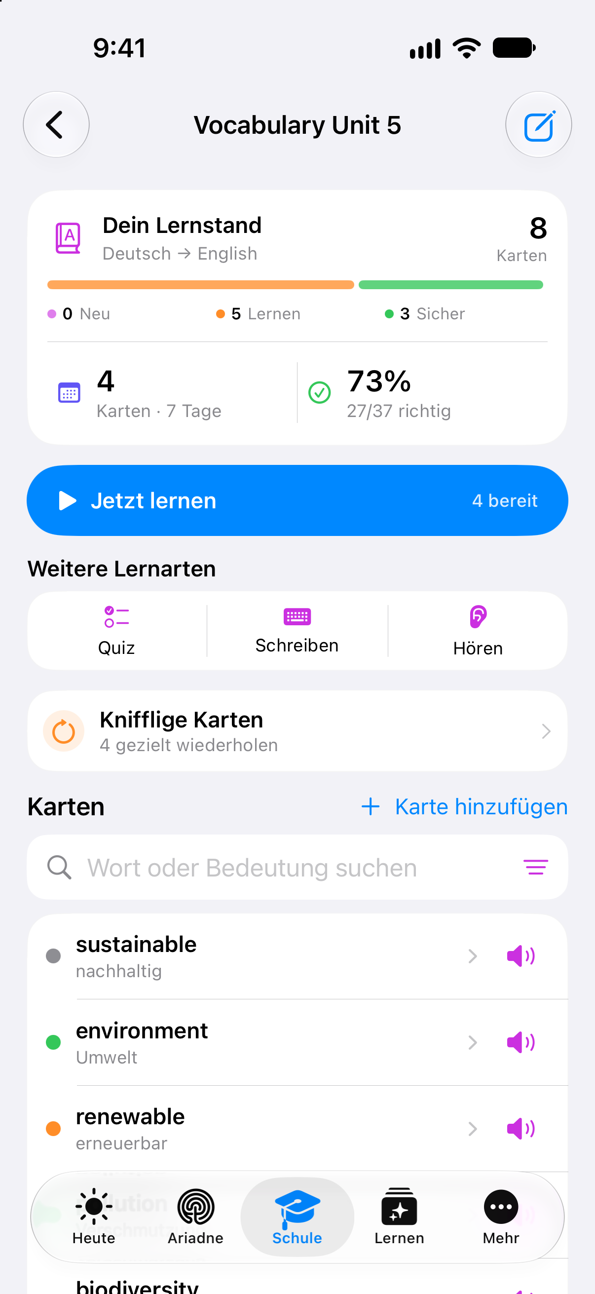 App-Detail: Lernzustände, fällige Karten und erfasste Antworten im Vokabeldeck