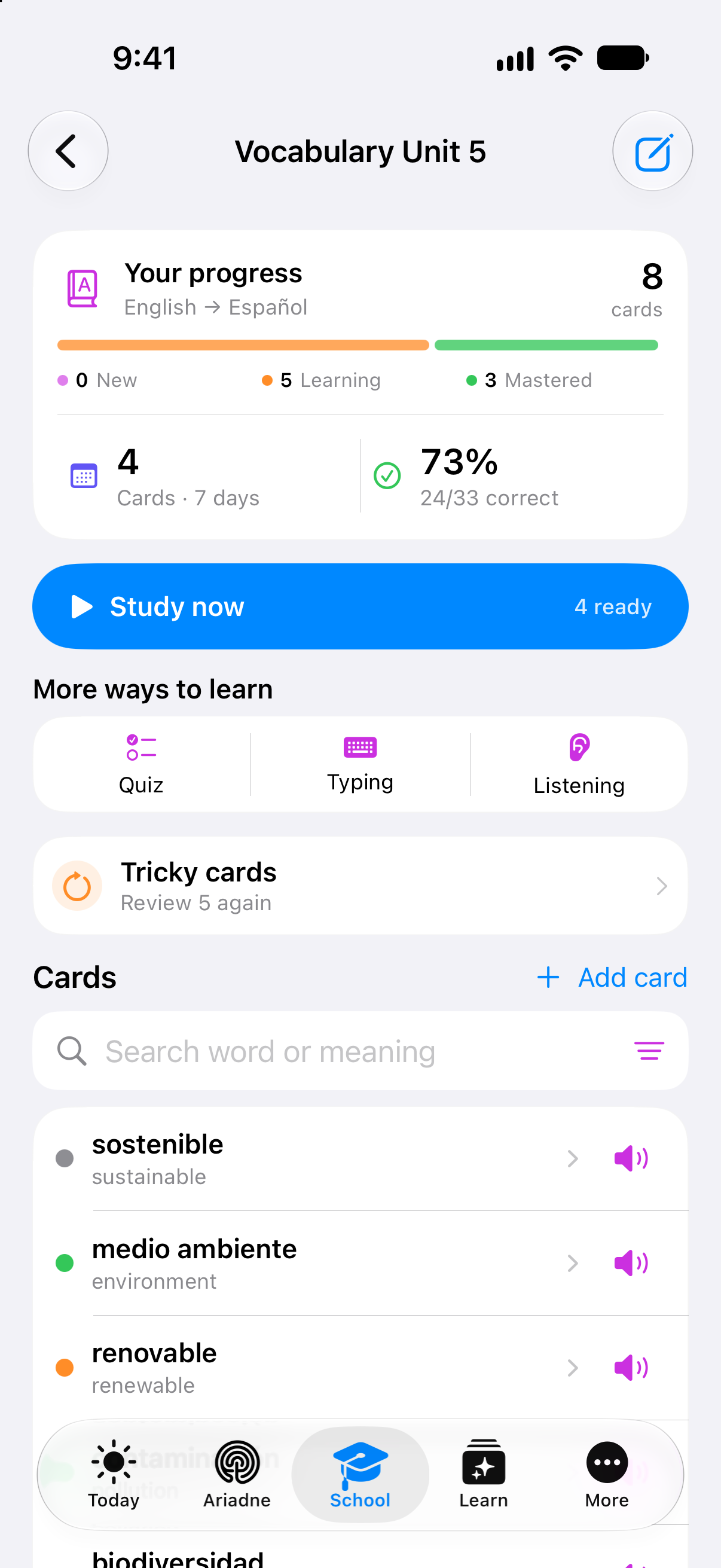 Detail from the app: learning states, cards due and recorded answers in the vocabulary deck